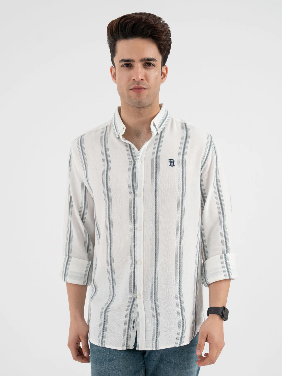 Red Tape Navy Green Striped Shirt for Men - Image 7