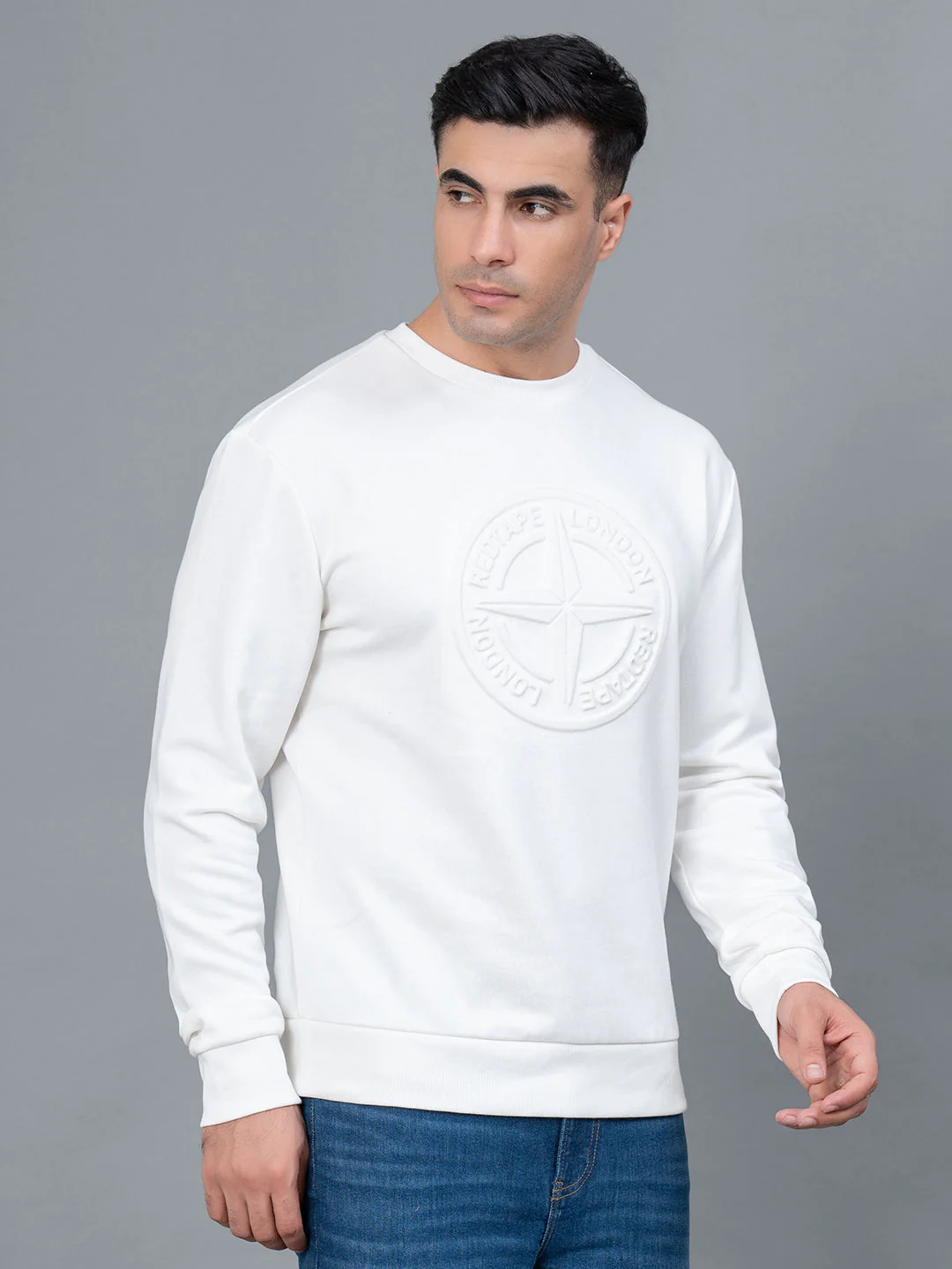 Off White Embossed Cotton Poly Fleece Men's Sweatshirt - Image 2