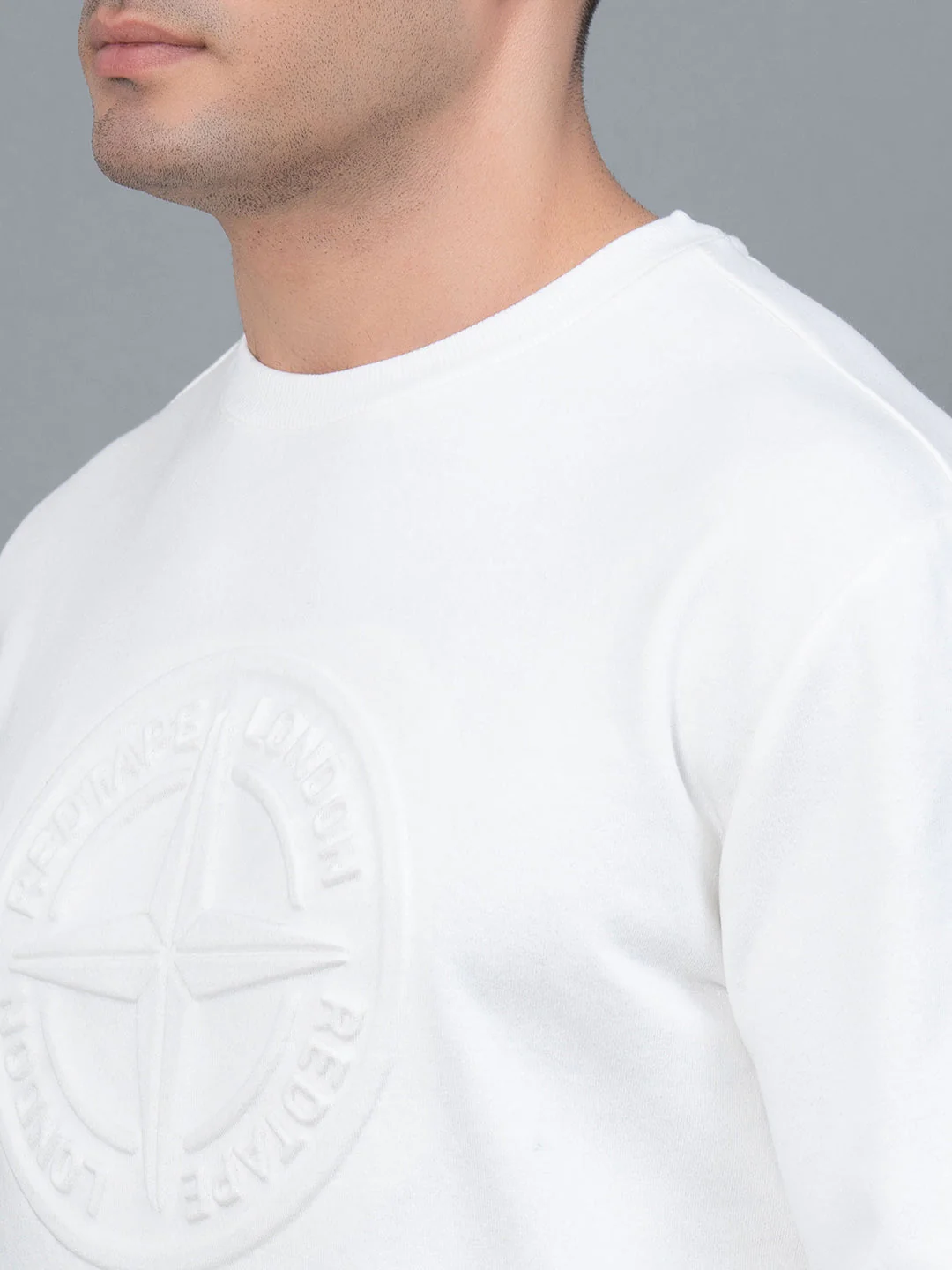 Off White Embossed Cotton Poly Fleece Men's Sweatshirt - Image 4