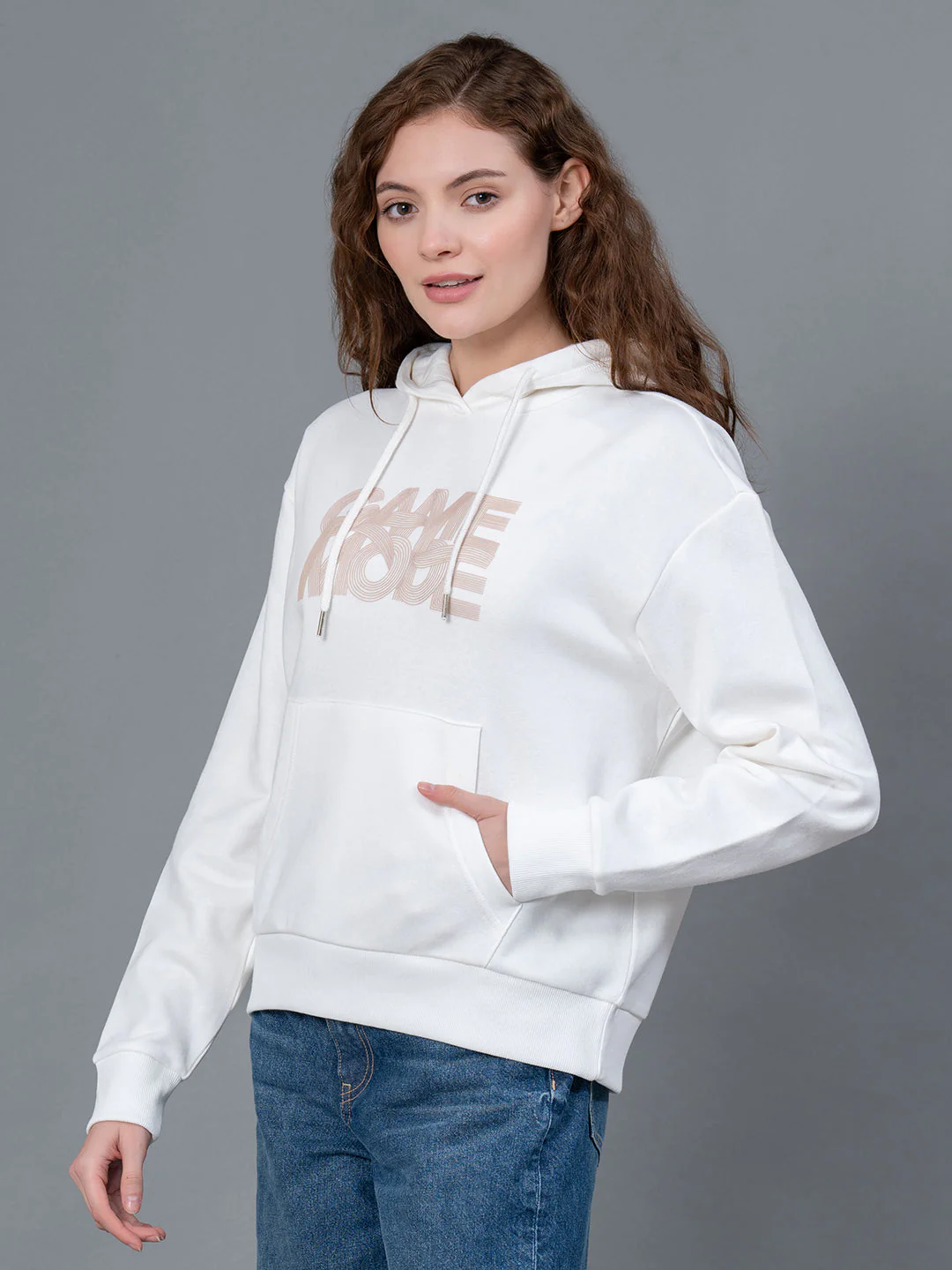 Off White Graphic Print Cotton Poly Fleece Women's Hoodie - Image 2