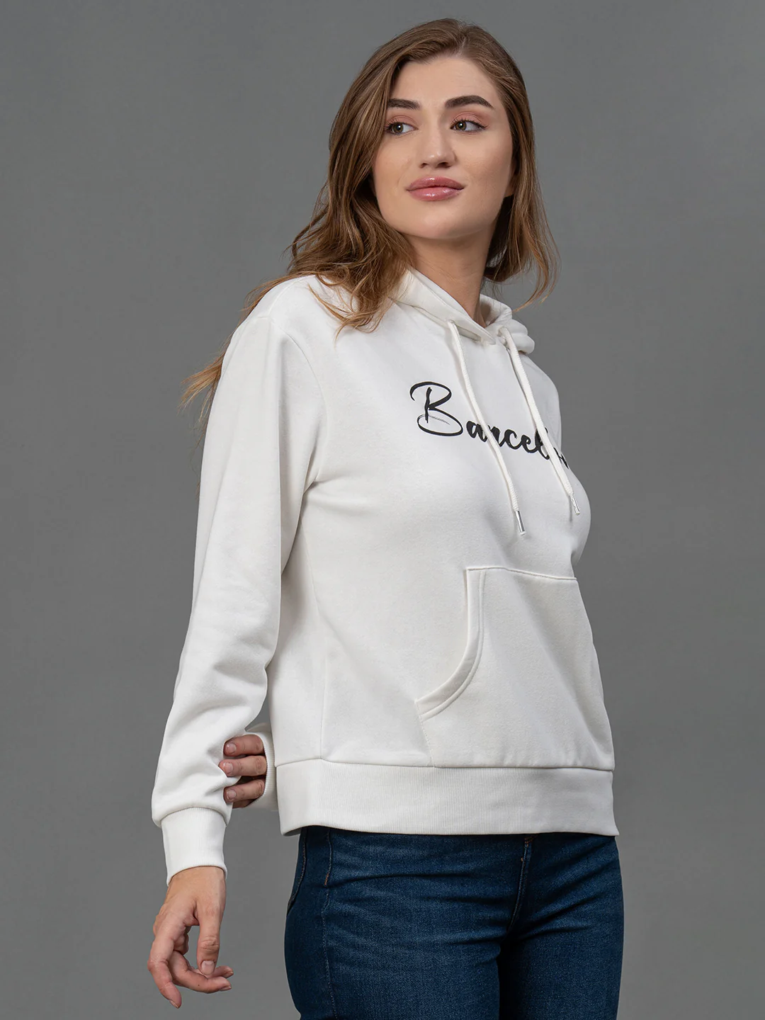 Off White Printed Cotton Poly Fleece Women's Full Sleeve Hoodie - Image 2