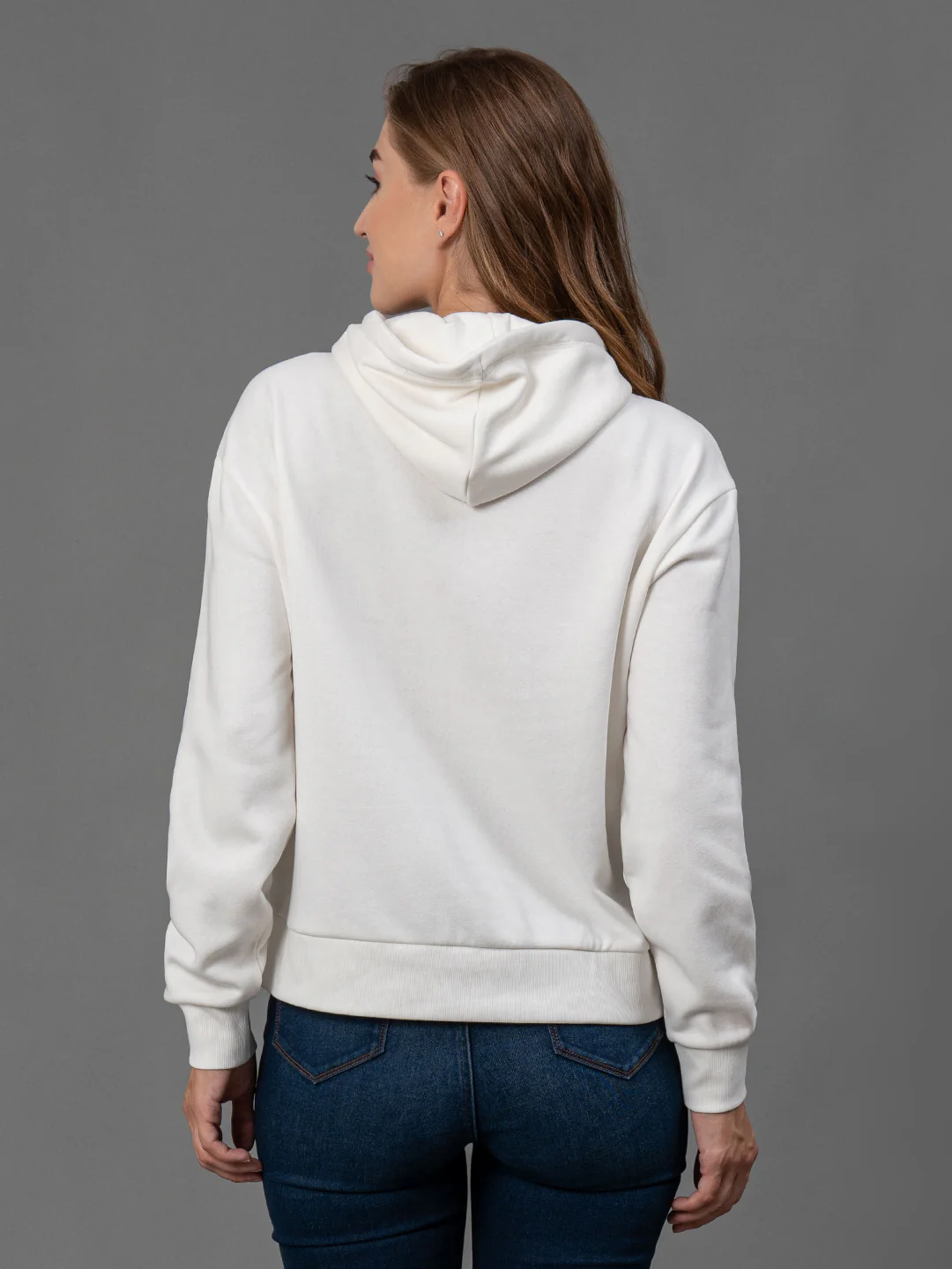 Off White Printed Cotton Poly Fleece Women's Full Sleeve Hoodie - Image 3