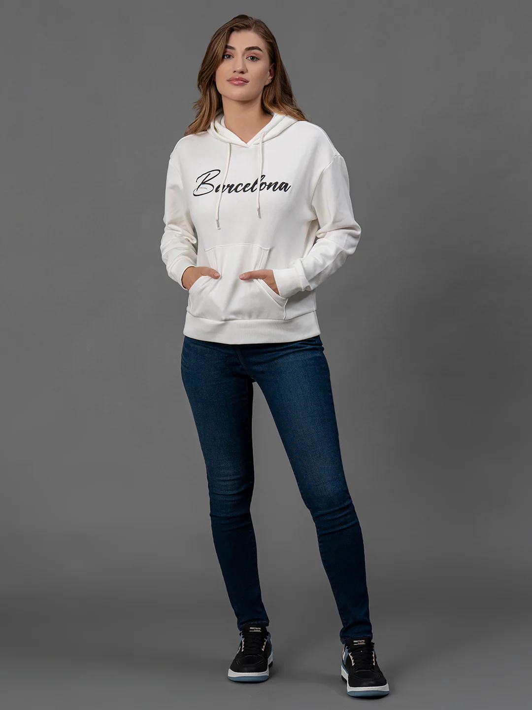 Off White Printed Cotton Poly Fleece Women's Full Sleeve Hoodie - Image 5