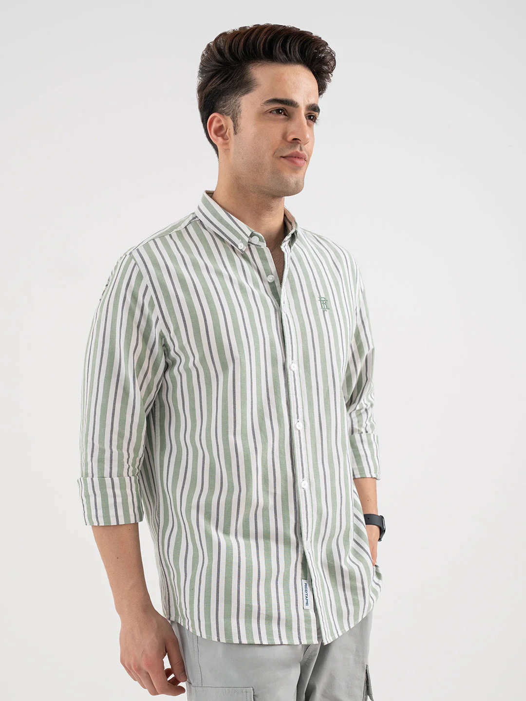 Red Tape Oxford Green Striped Shirt for Men - Image 6