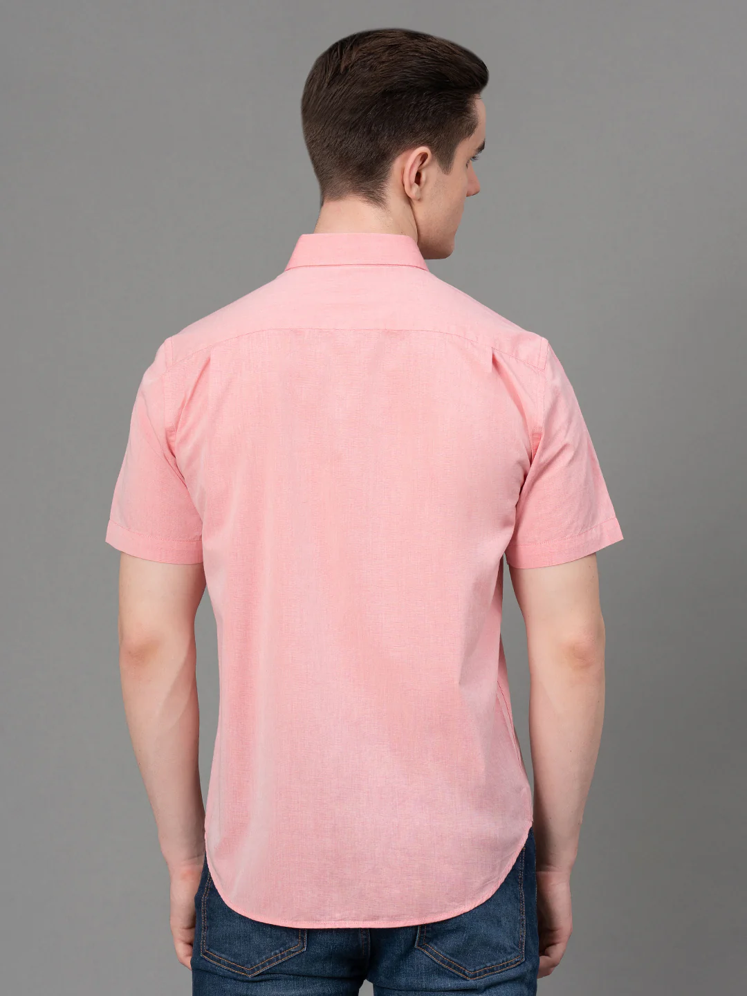 Salmon Pink Solid Cotton Chambray Men's Half Sleeve Shirt - Image 4