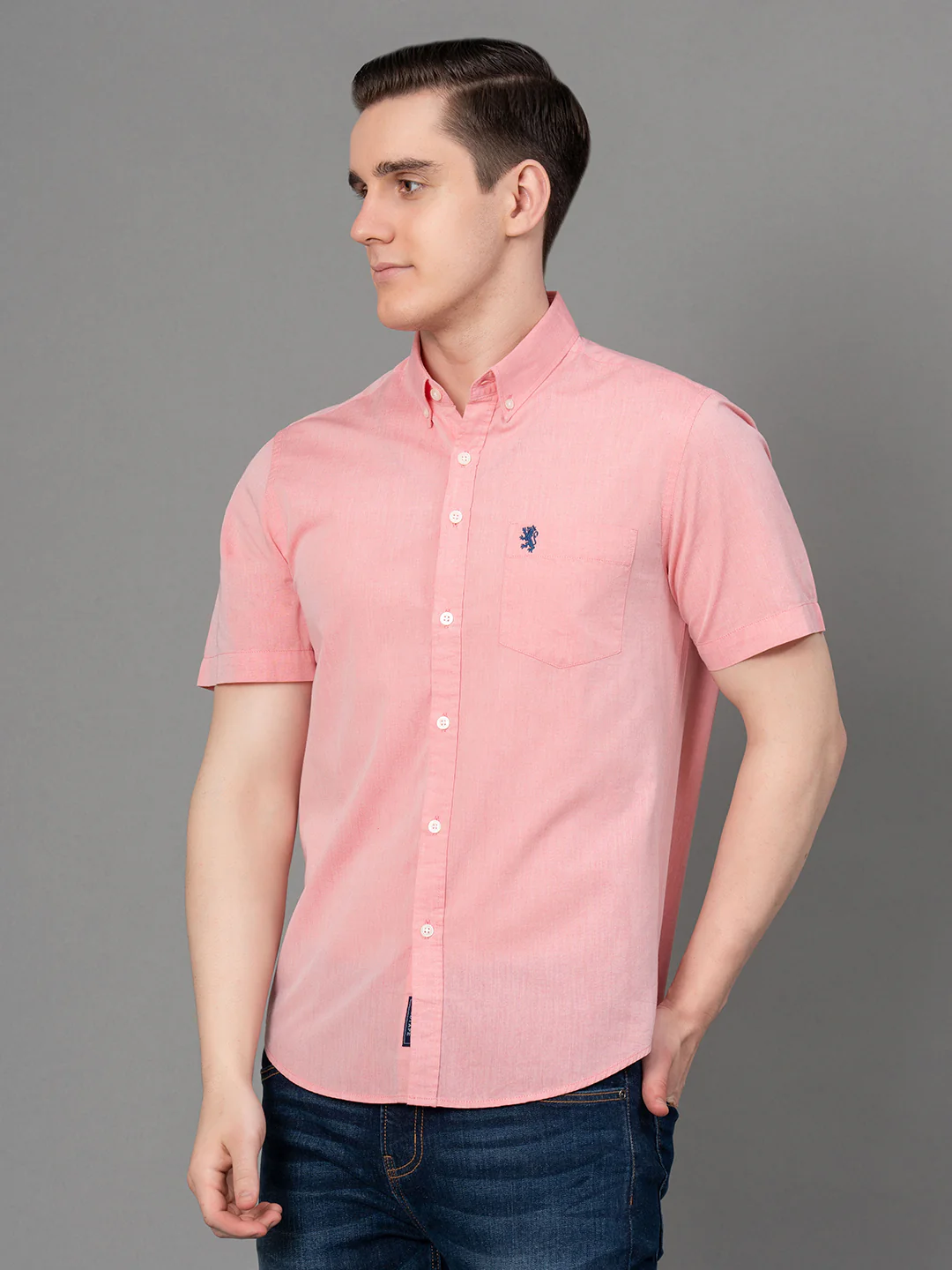 Salmon Pink Solid Cotton Chambray Men's Half Sleeve Shirt - Image 6