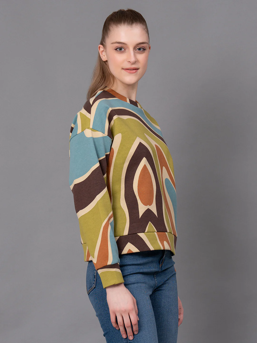 Off White Printed Cotton Poly Fleece Women's Sweatshirt - Image 2