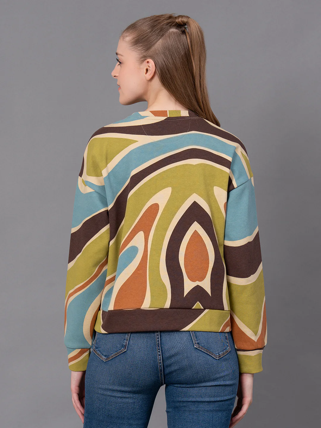 Off White Printed Cotton Poly Fleece Women's Sweatshirt - Image 3