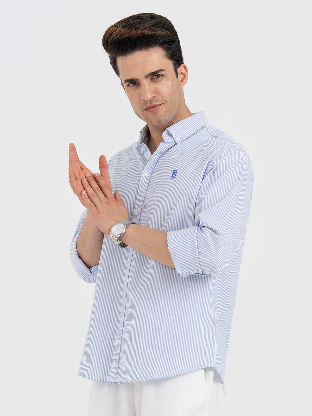 Shirts for Men in Blue | Striped Oxford Full Sleeve Casual Shirt - Image 2