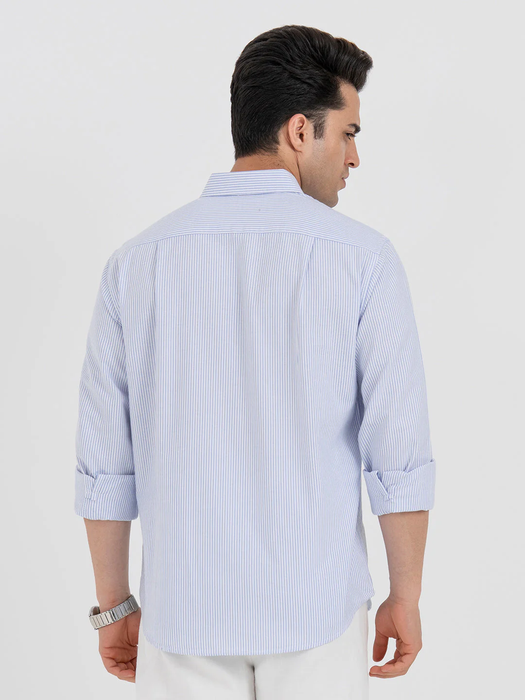 Shirts for Men in Blue | Striped Oxford Full Sleeve Casual Shirt - Image 3