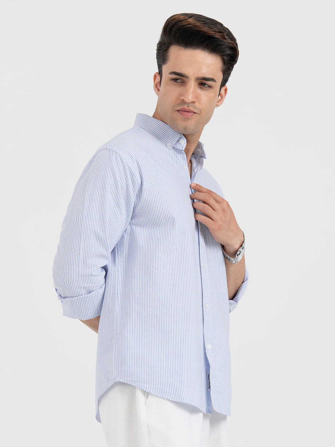 Shirts for Men in Blue | Striped Oxford Full Sleeve Casual Shirt - Image 6