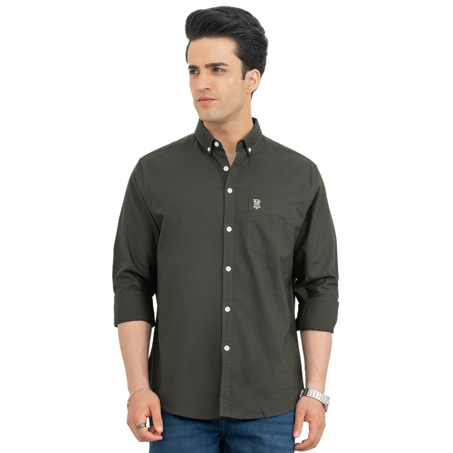 Shirts for Men in Dark Olive | Cotton Oxford Full Sleeve Shirt - Image 2