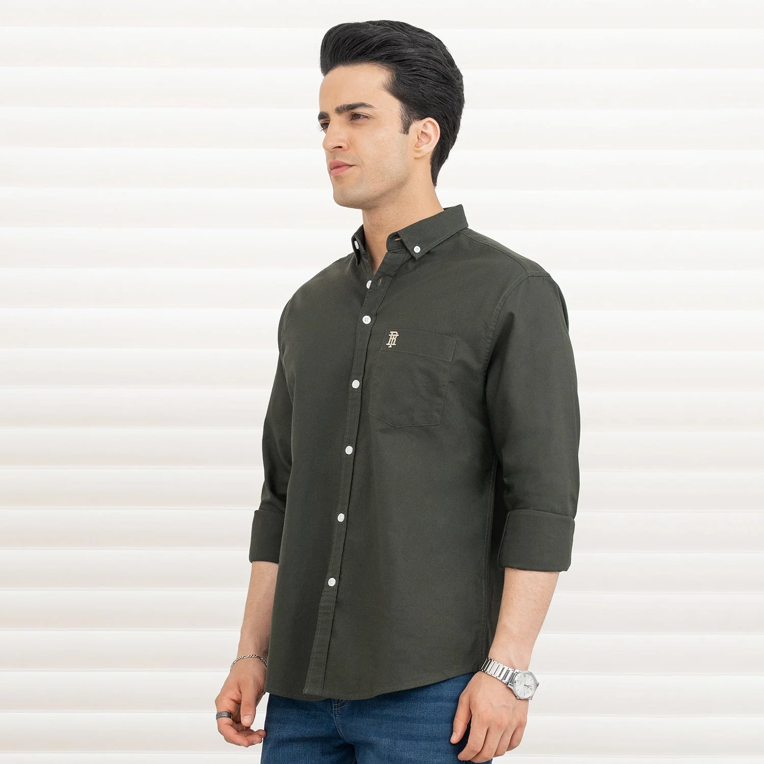 Shirts for Men in Dark Olive | Cotton Oxford Full Sleeve Shirt - Image 5