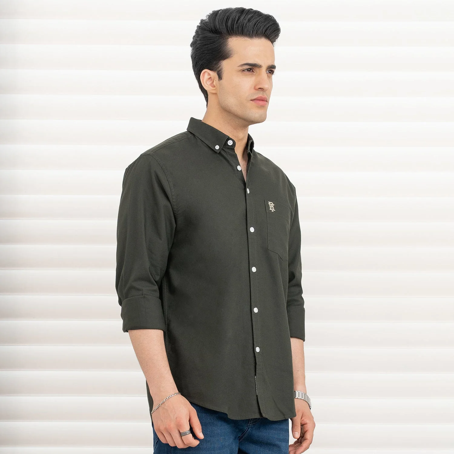 Shirts for Men in Dark Olive | Cotton Oxford Full Sleeve Shirt - Image 6