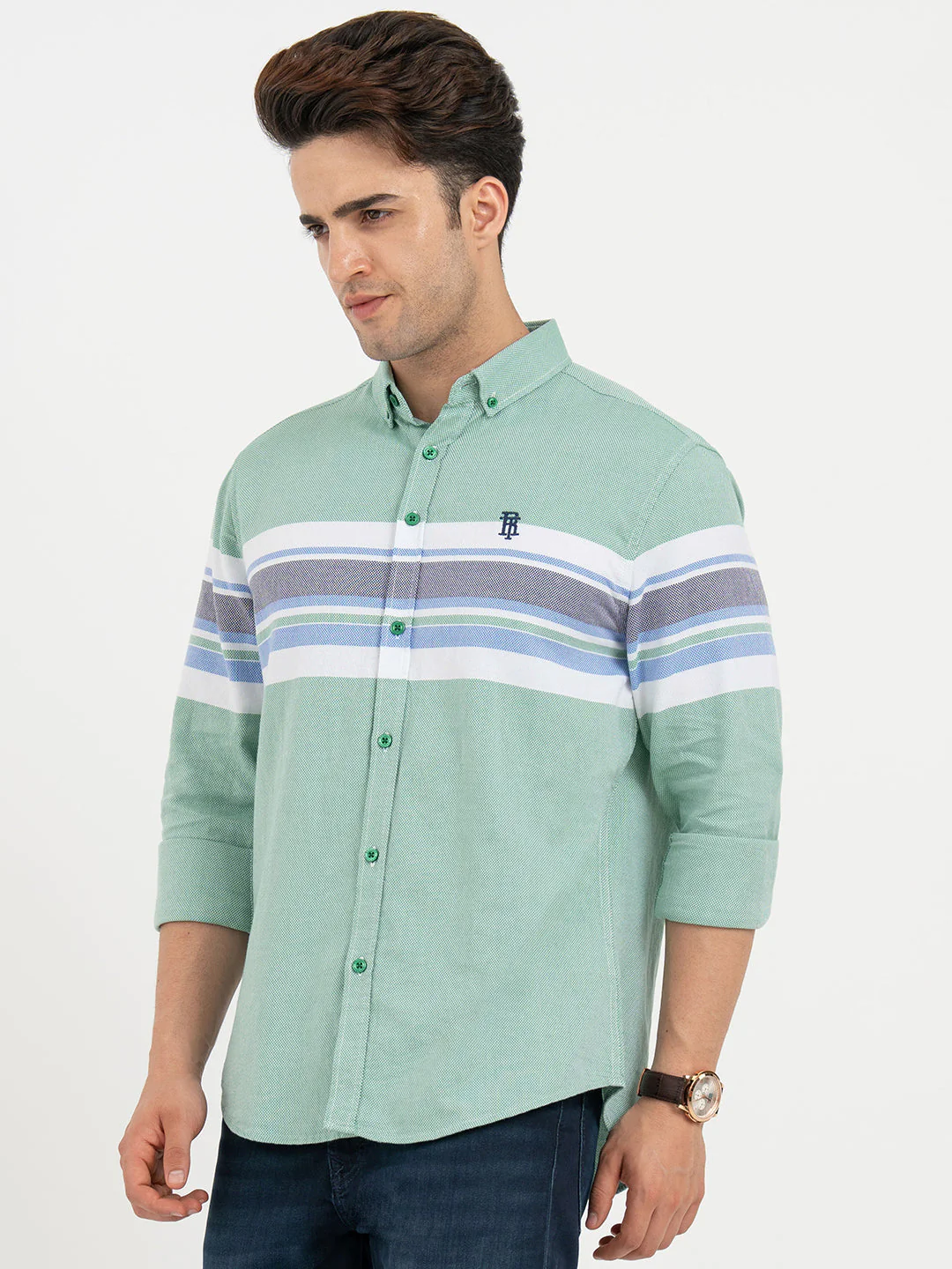 Shirts for Men in Green | Striped Full Sleeve Shirt - Image 2