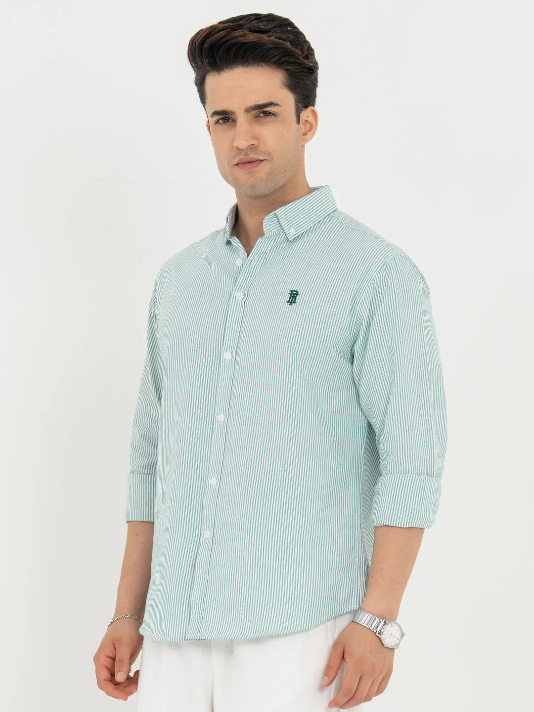 Shirts for Men in Green | Striped Oxford Full Sleeve Casual Shirt - Image 2