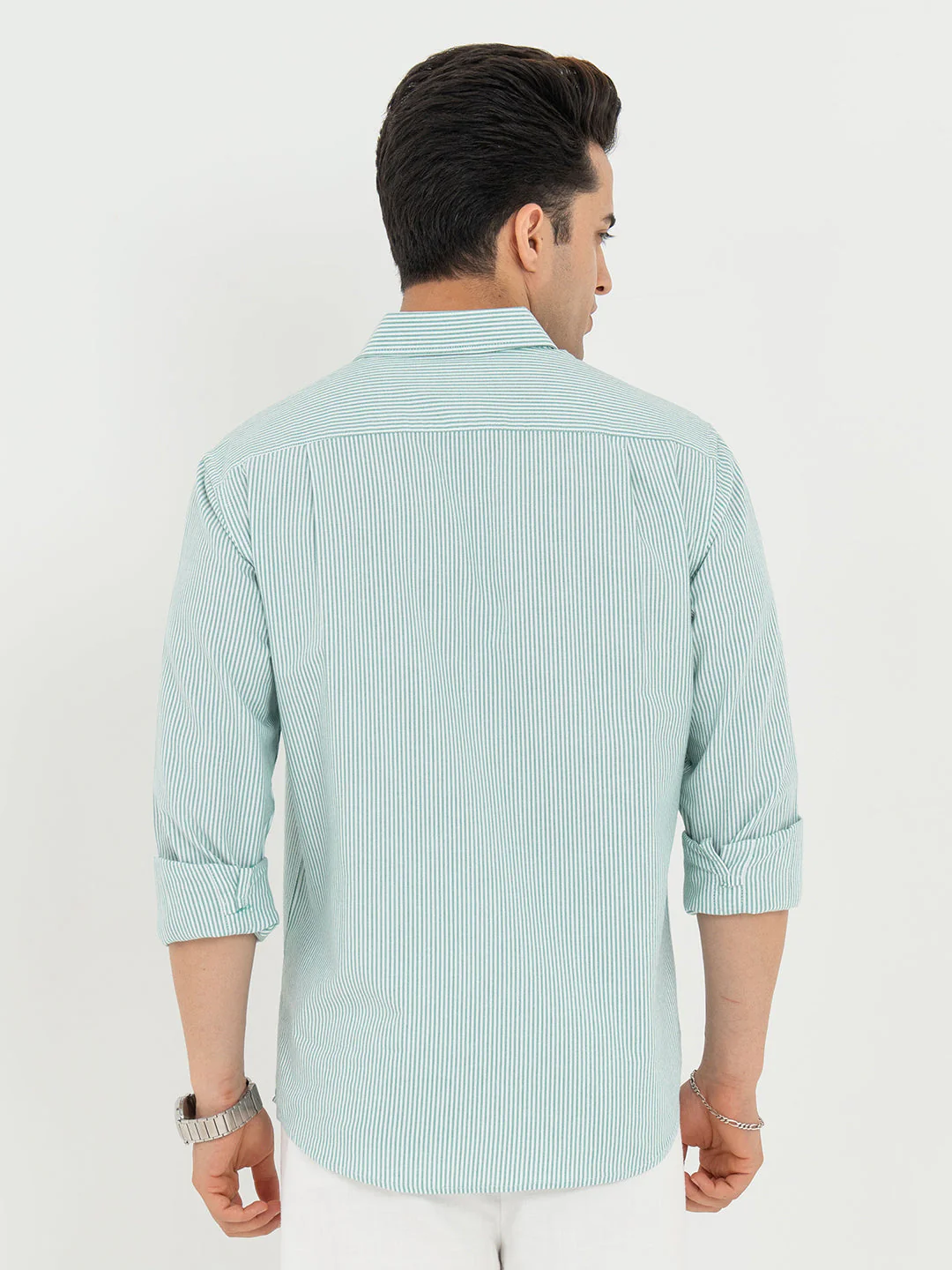 Shirts for Men in Green | Striped Oxford Full Sleeve Casual Shirt - Image 3