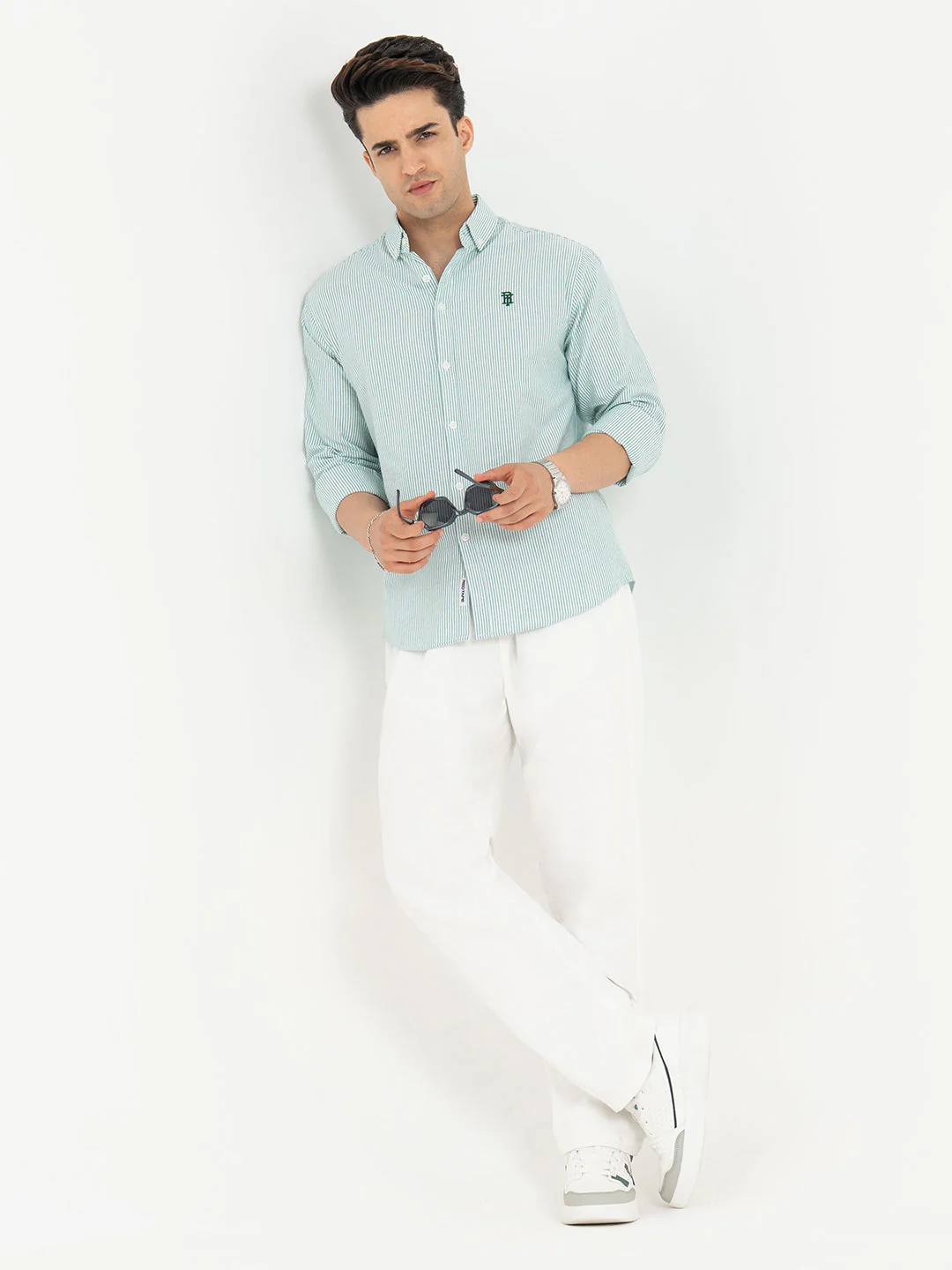 Shirts for Men in Green | Striped Oxford Full Sleeve Casual Shirt - Image 5