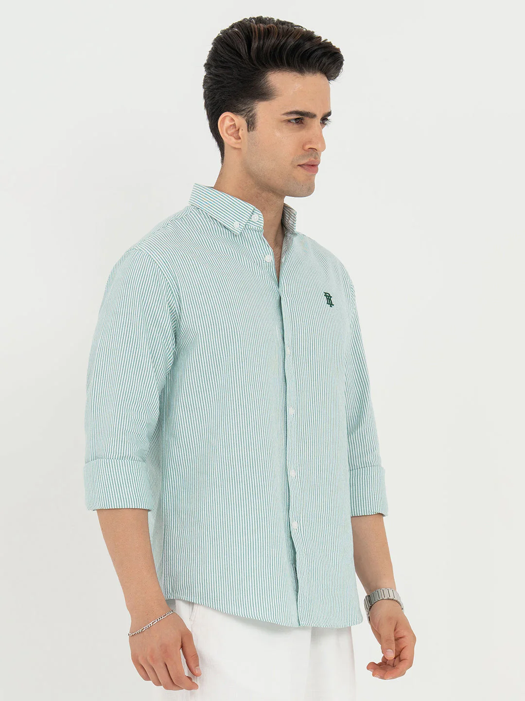 Shirts for Men in Green | Striped Oxford Full Sleeve Casual Shirt - Image 6