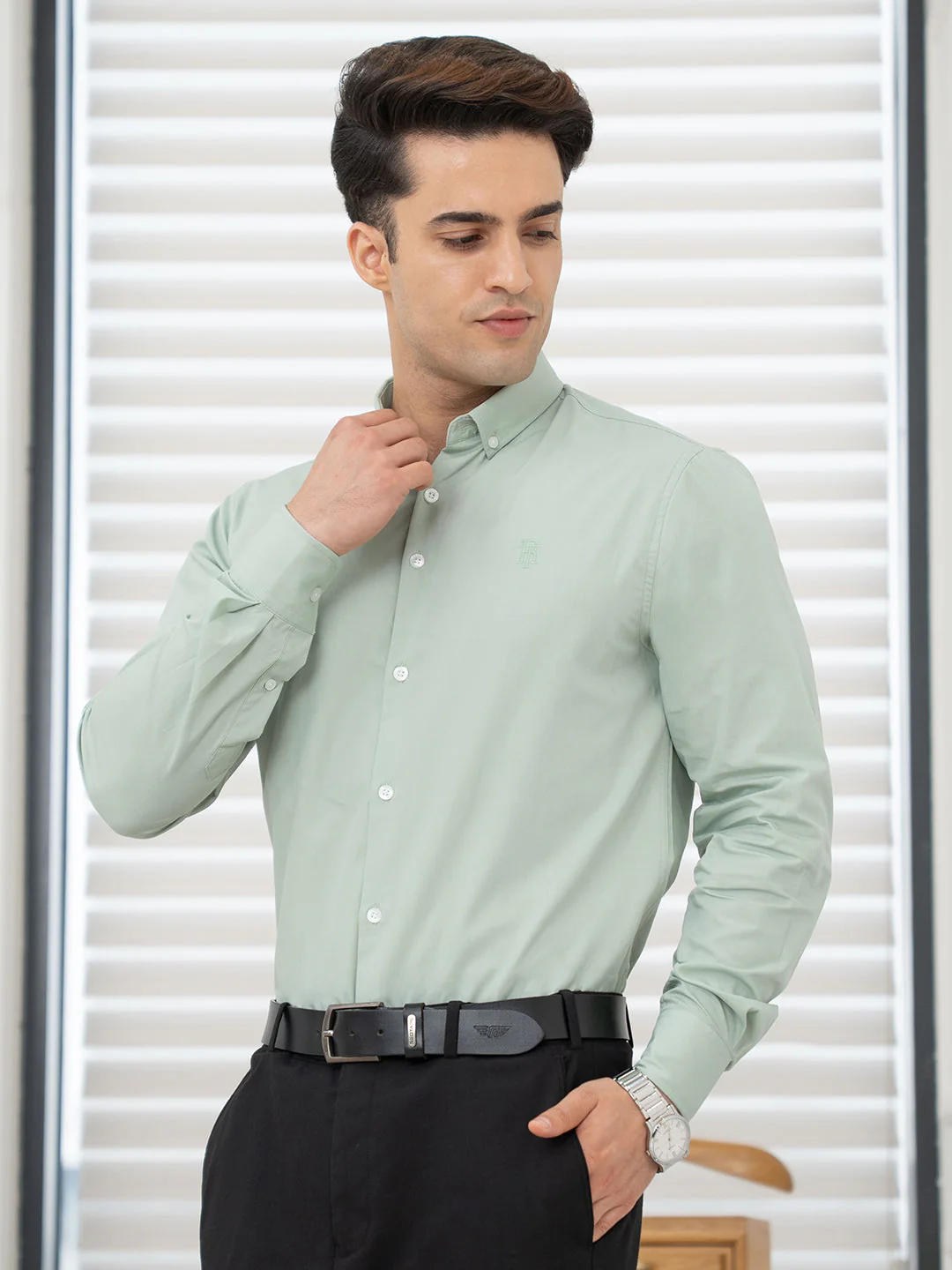 Shirts for Men in Light Green | Solid Full Sleeve Casual Shirt - Image 2
