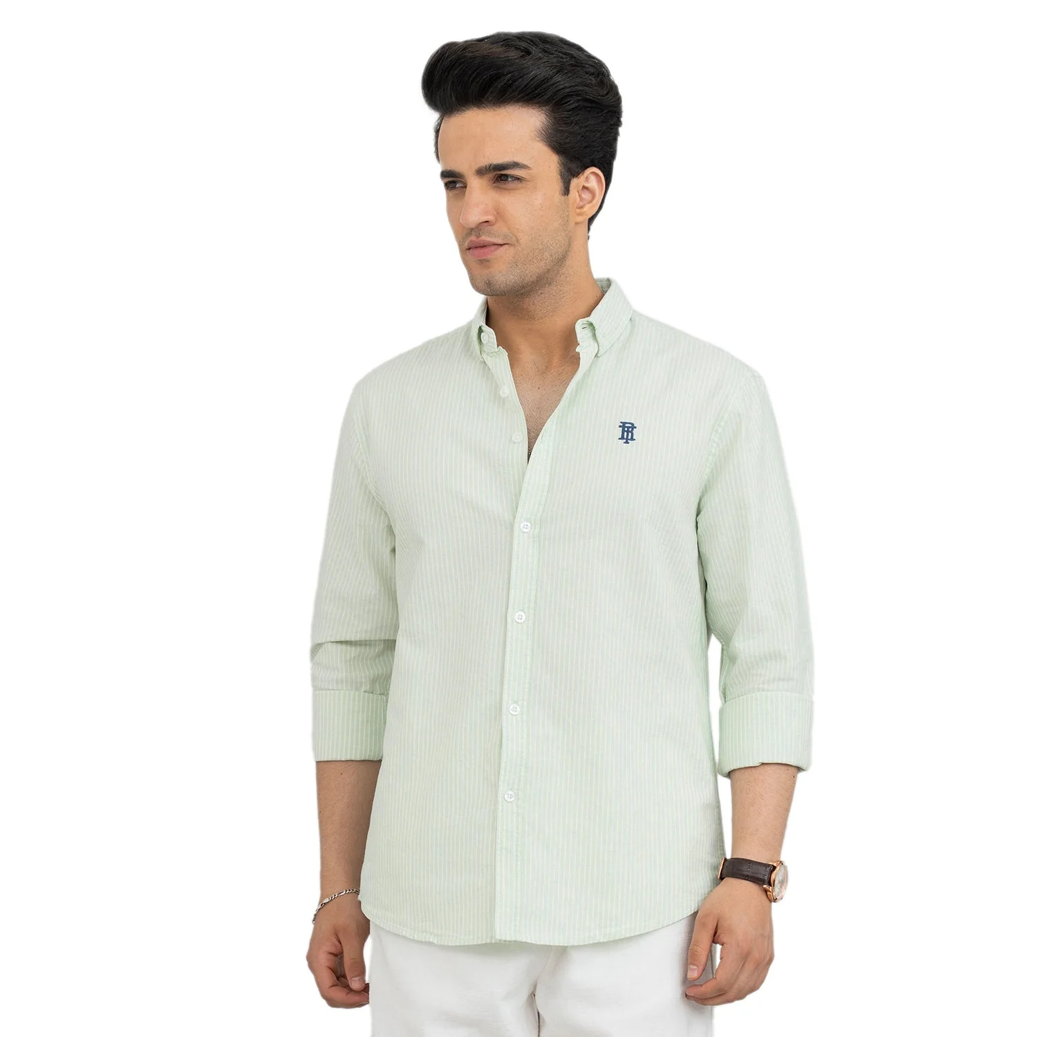Shirts for Men in Light Green | Stripe Oxford Full Sleeve Shirt - Image 2