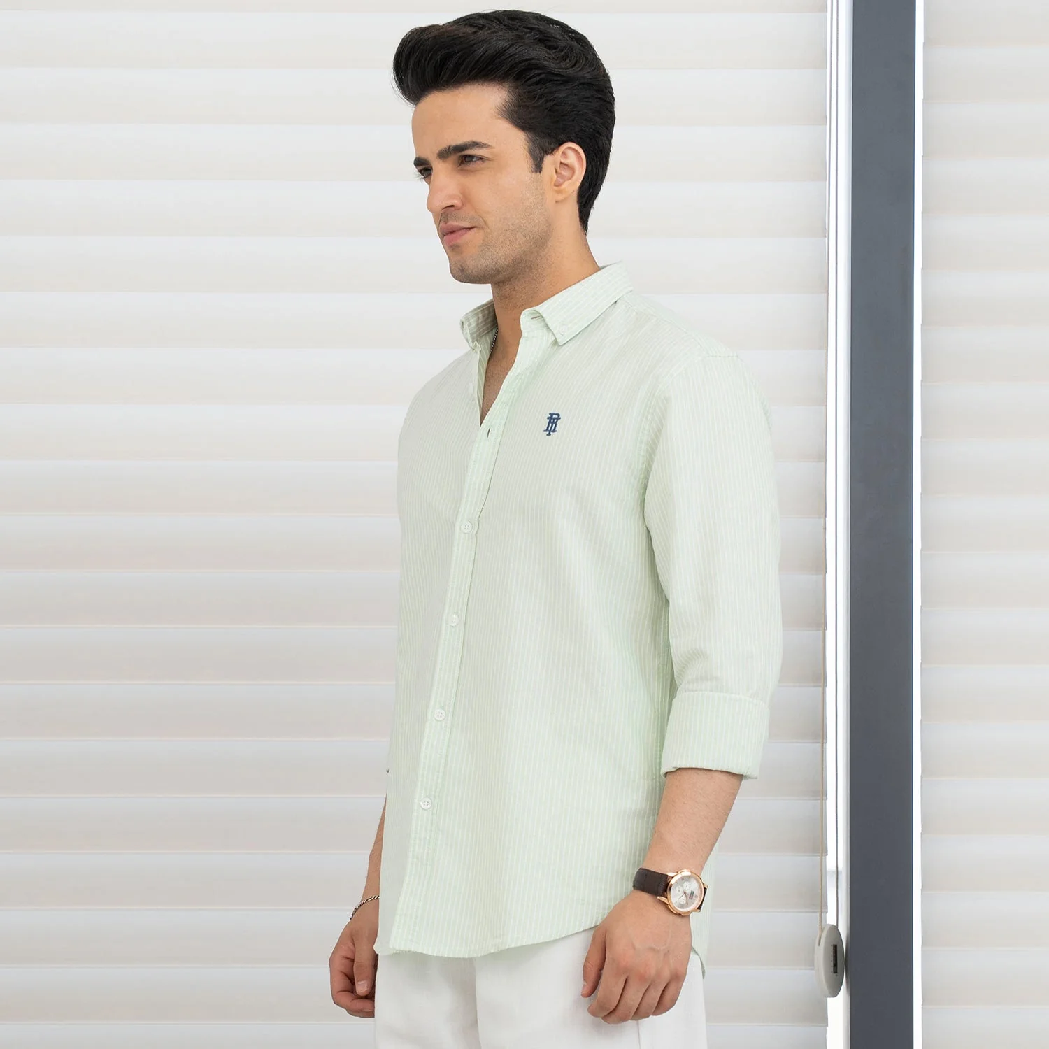 Shirts for Men in Light Green | Stripe Oxford Full Sleeve Shirt - Image 5