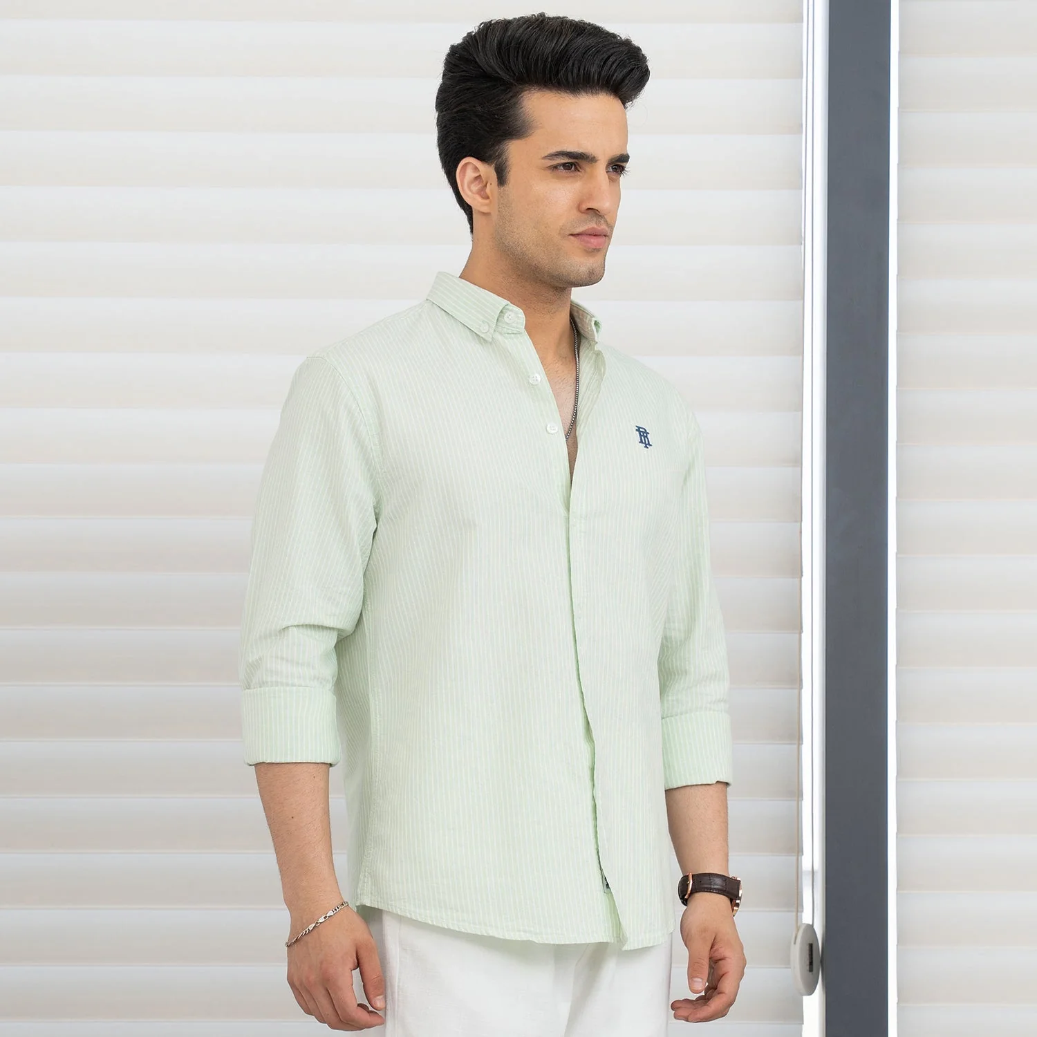 Shirts for Men in Light Green | Stripe Oxford Full Sleeve Shirt - Image 6