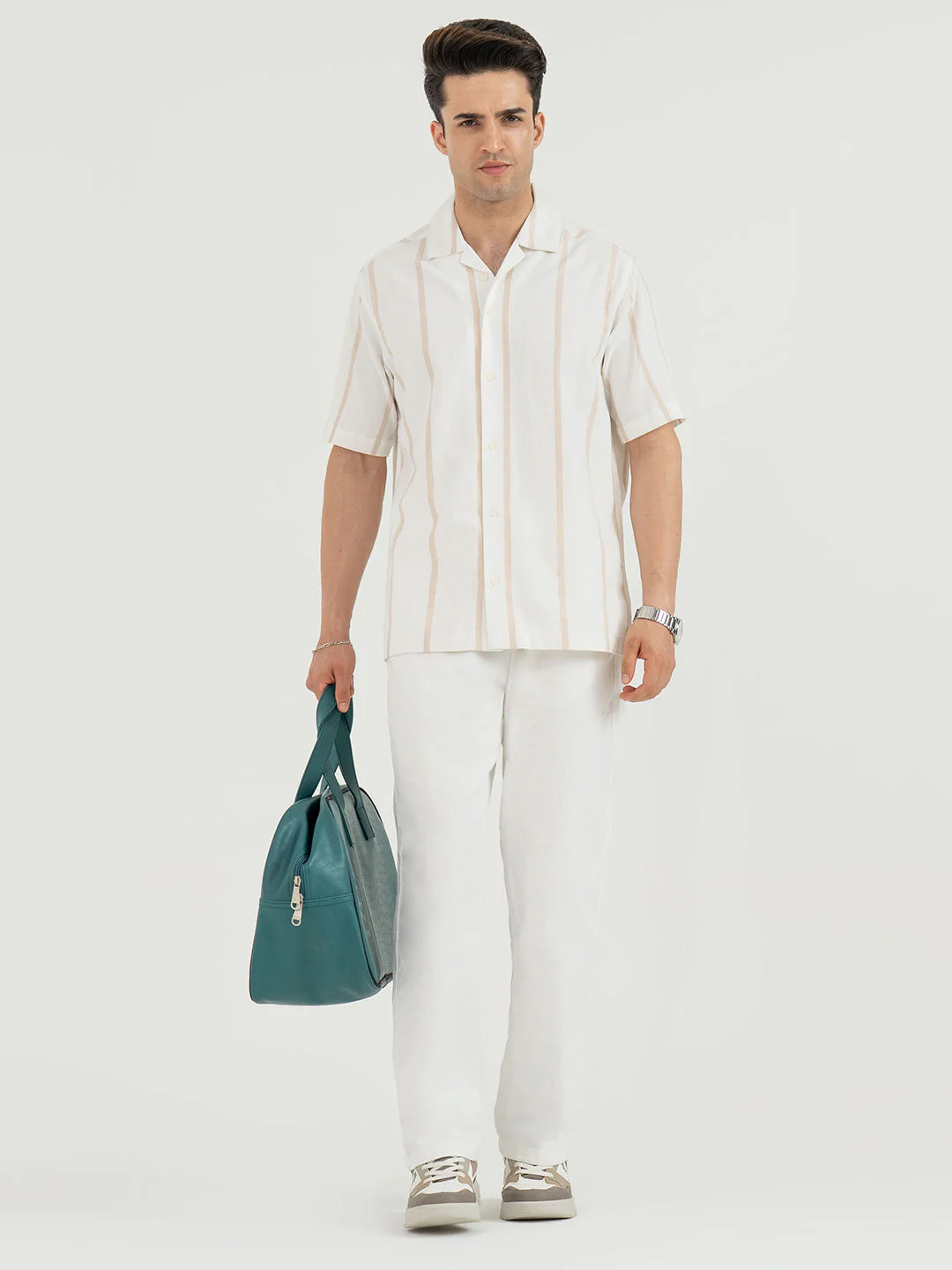 Shirts for Men in Off White | Striped Half Sleeve Casual Shirt - Image 5