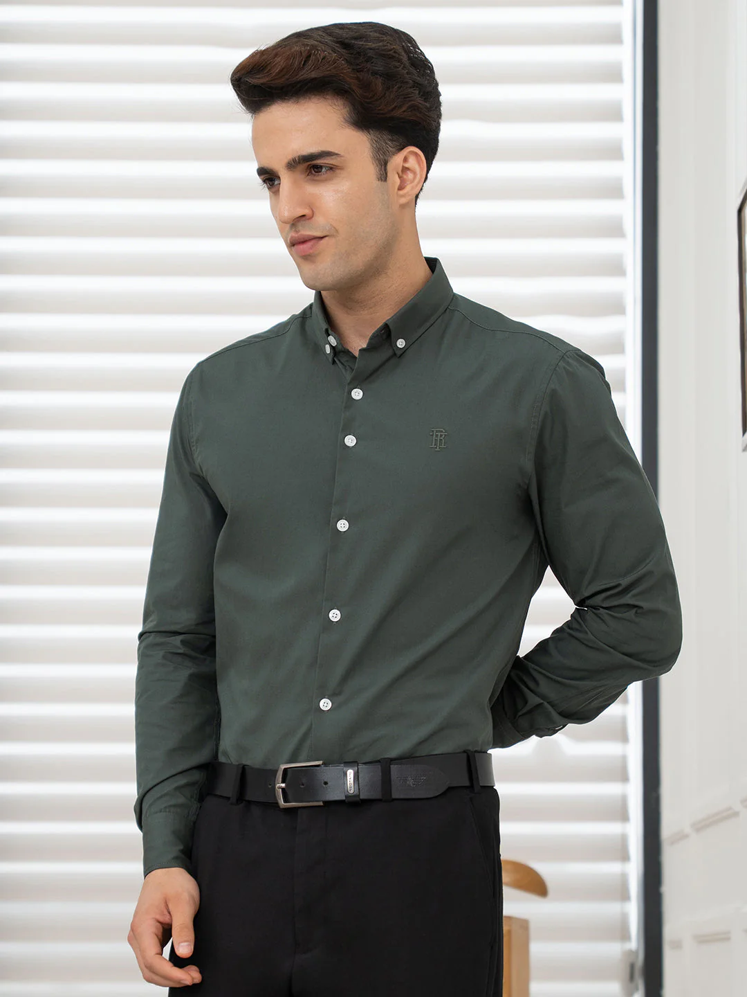 Shirts for Men in Slate Olive | Solid Full Sleeve Casual Shirt - Image 2