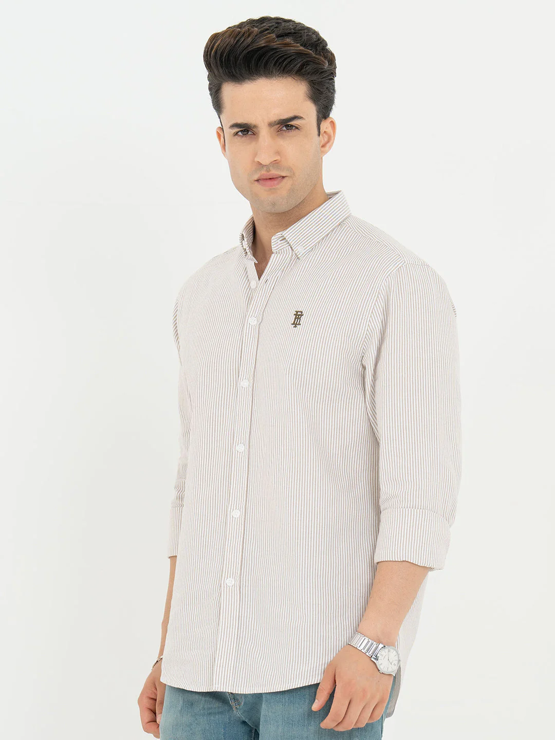 Shirts for Men in Tan | Striped Oxford Full Sleeve Casual Shirt - Image 2