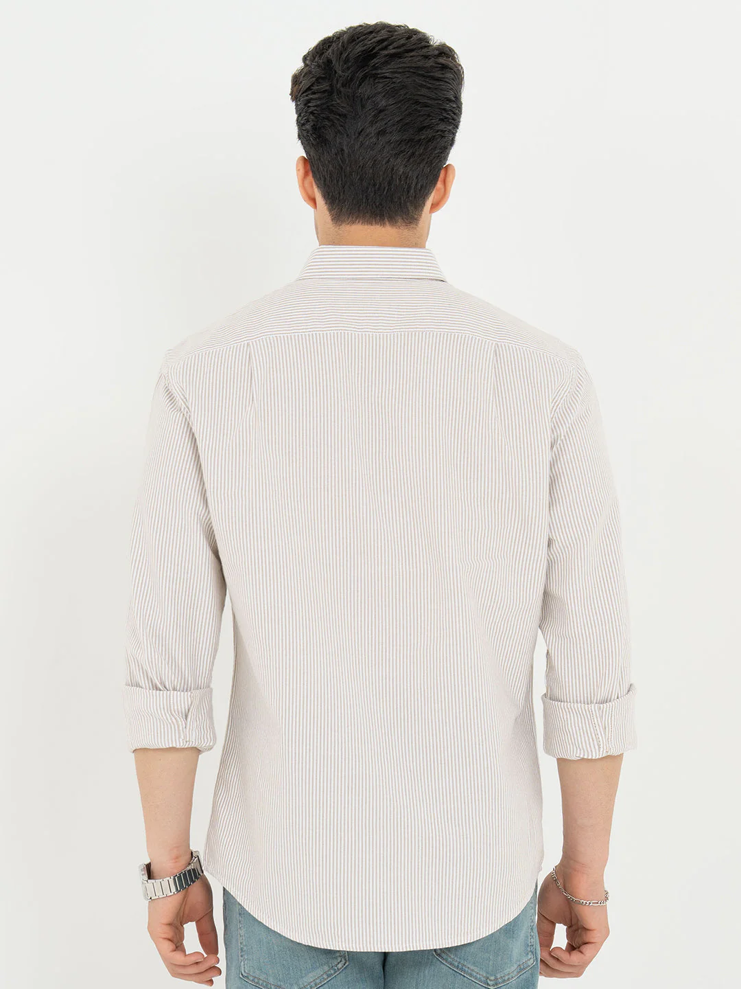 Shirts for Men in Tan | Striped Oxford Full Sleeve Casual Shirt - Image 3