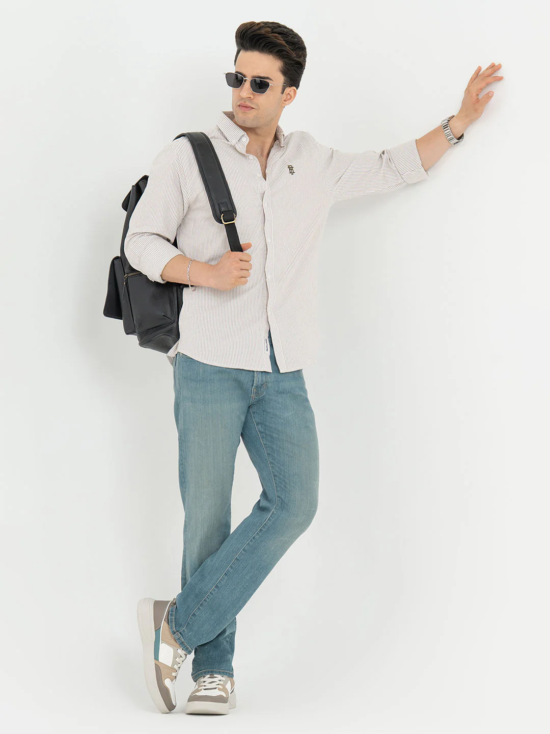 Shirts for Men in Tan | Striped Oxford Full Sleeve Casual Shirt - Image 5