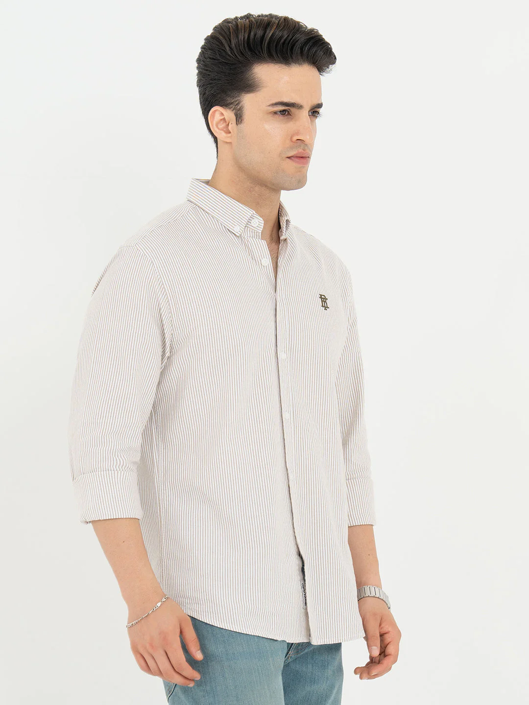 Shirts for Men in Tan | Striped Oxford Full Sleeve Casual Shirt - Image 6