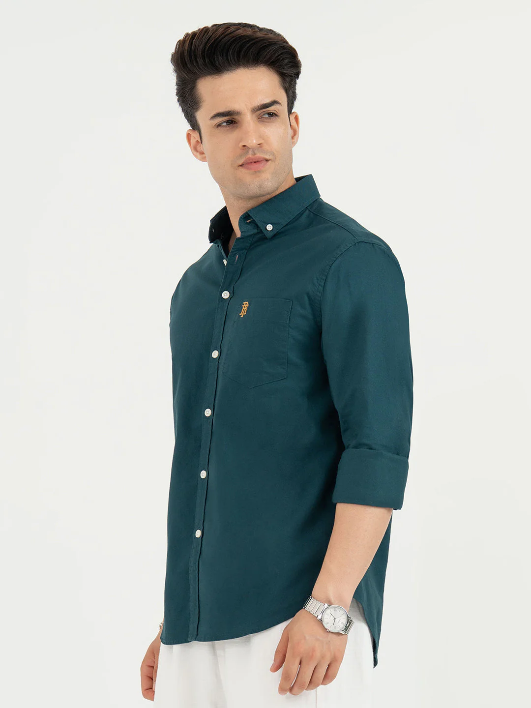 Shirts for Men in Teal | Solid Oxford Full Sleeve Casual Shirt - Image 2