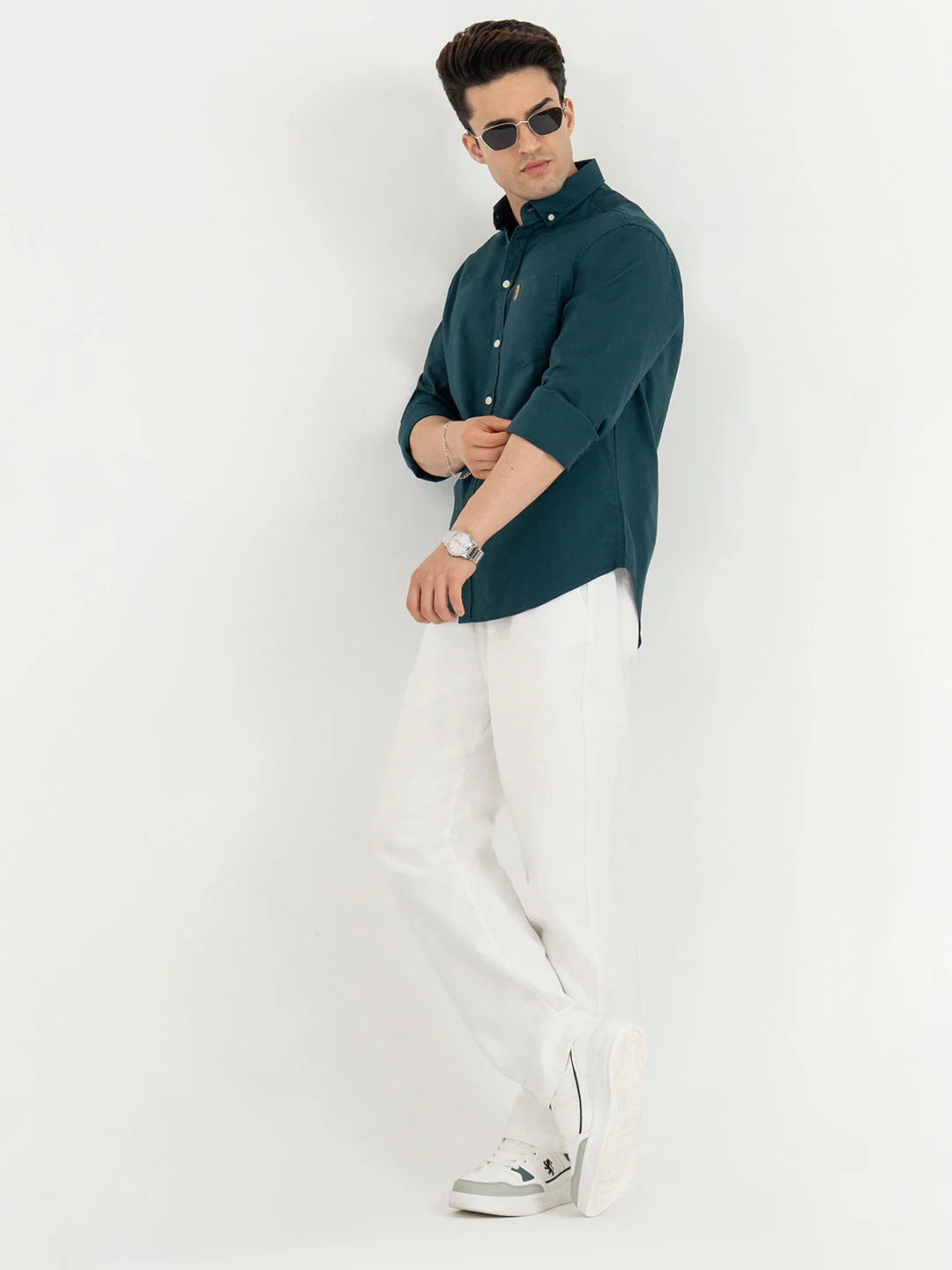 Shirts for Men in Teal | Solid Oxford Full Sleeve Casual Shirt - Image 5