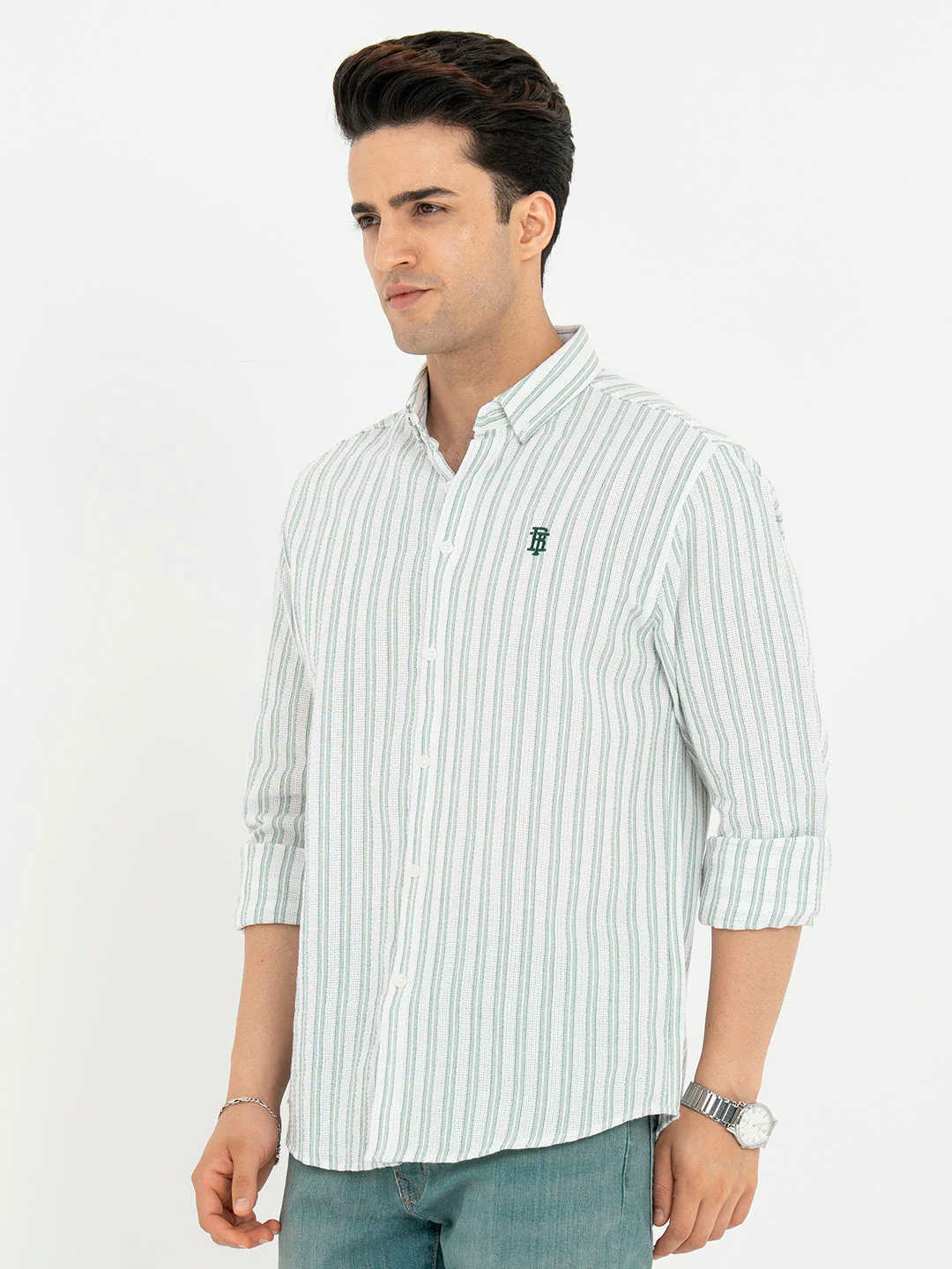 Shirts for Men in White and Green | Striped Full Sleeve Casual Shirt - Image 2