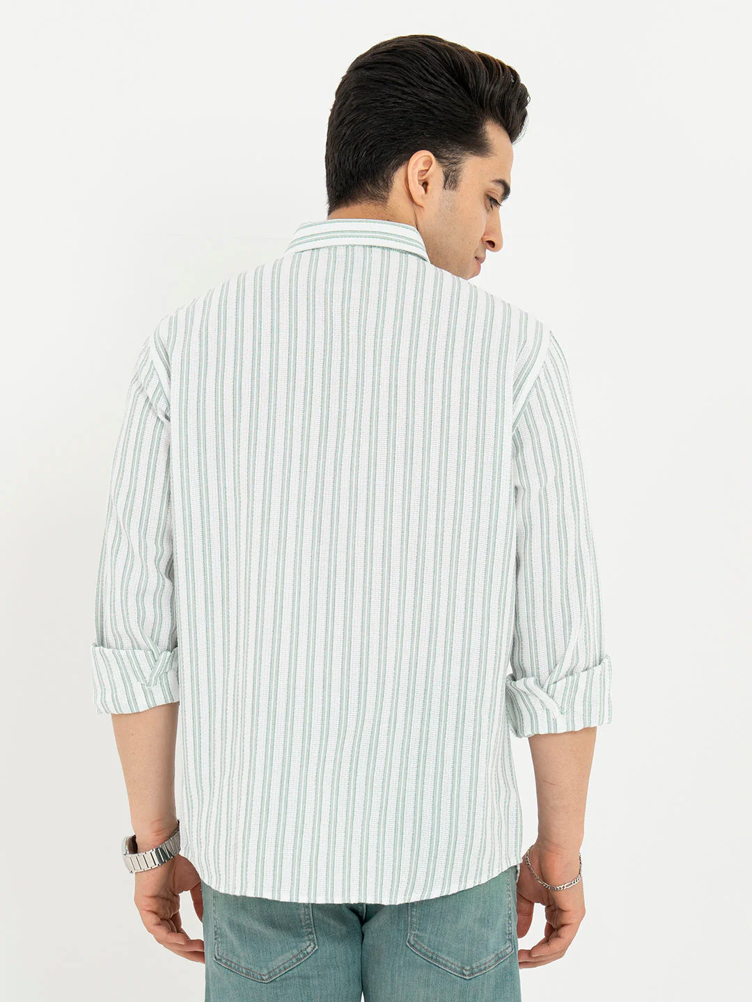 Shirts for Men in White and Green | Striped Full Sleeve Casual Shirt - Image 3