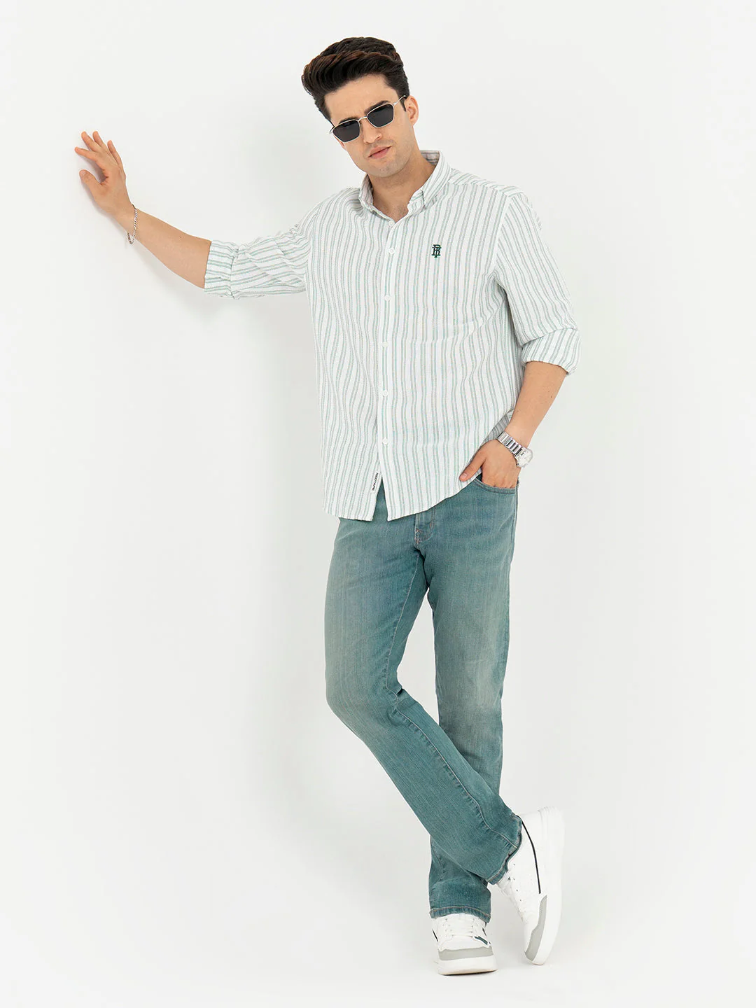 Shirts for Men in White and Green | Striped Full Sleeve Casual Shirt - Image 5