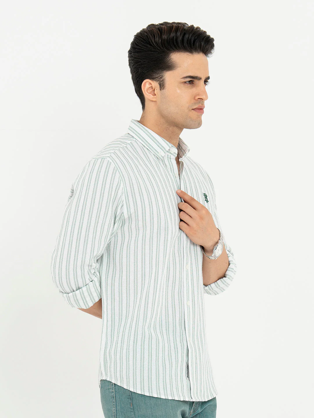 Shirts for Men in White and Green | Striped Full Sleeve Casual Shirt - Image 6