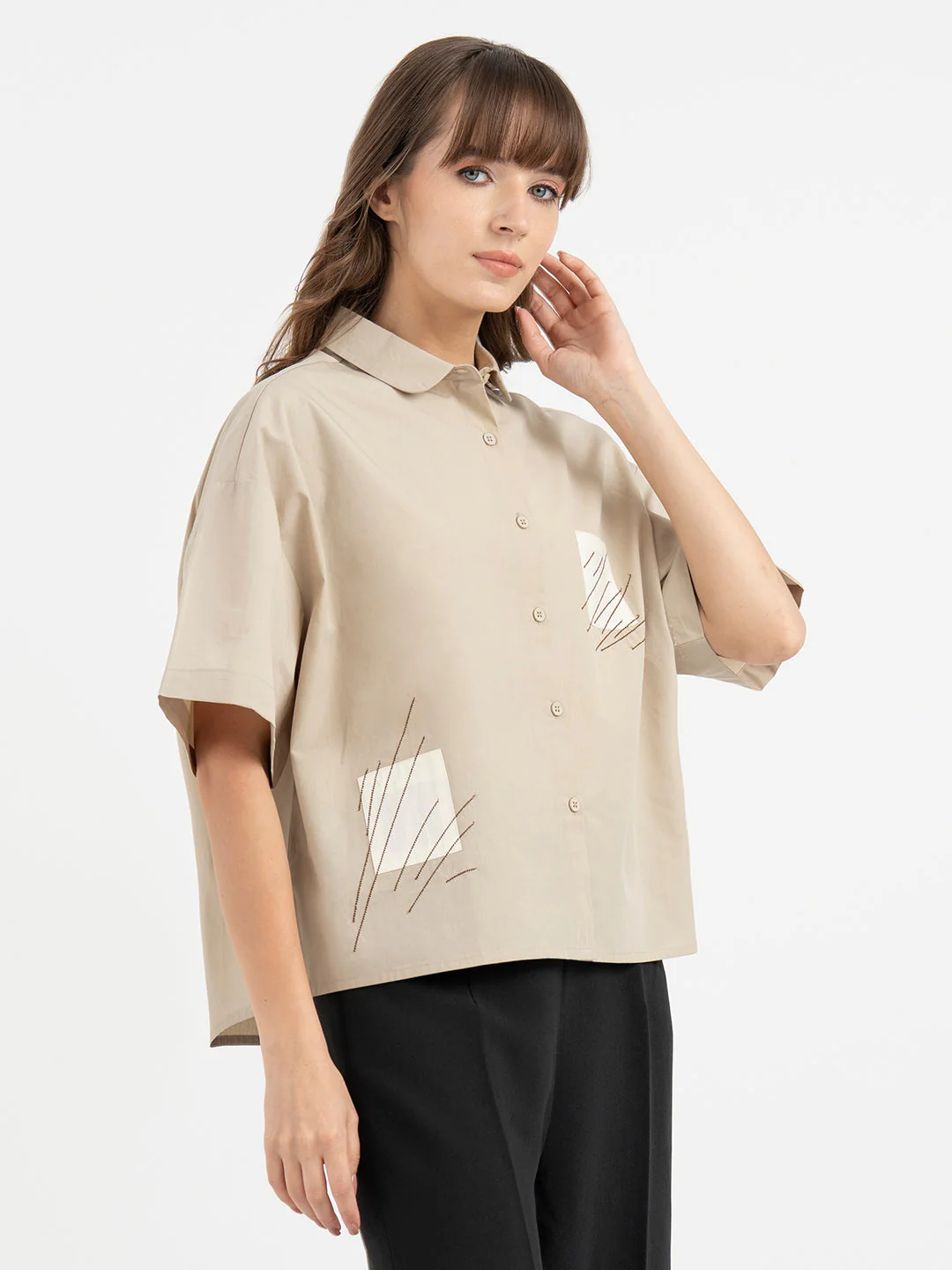 Shirts for Women in Dusty Olive | Embroidered 3/4th Sleeve Shirt - Image 6