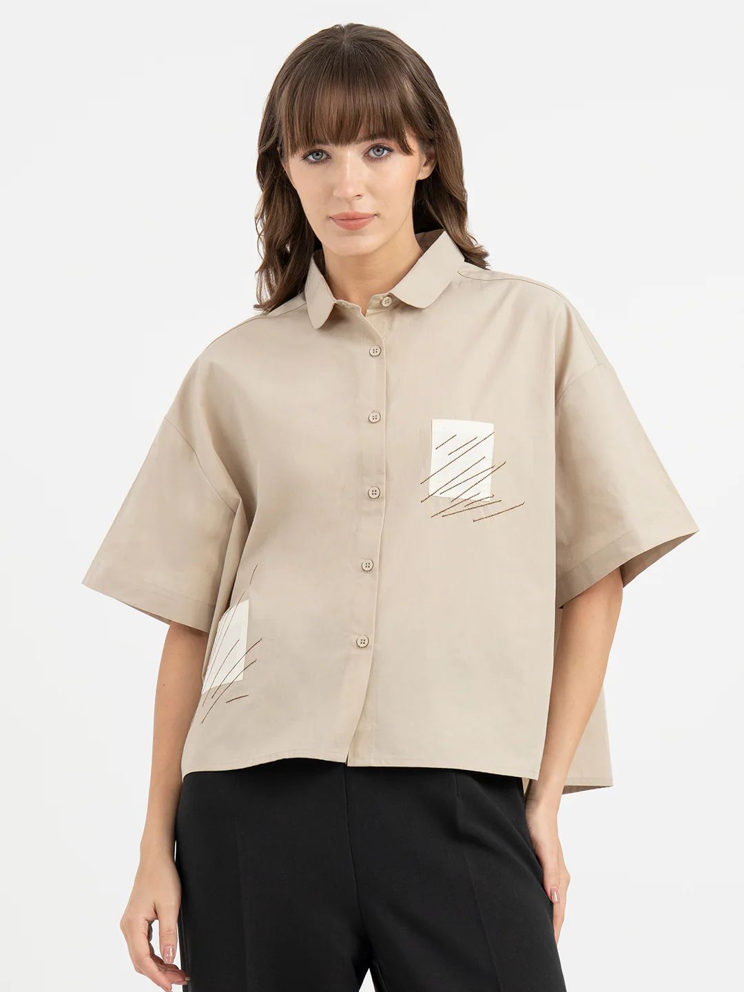 Shirts for Women in Dusty Olive | Embroidered 3/4th Sleeve Shirt - Image 7