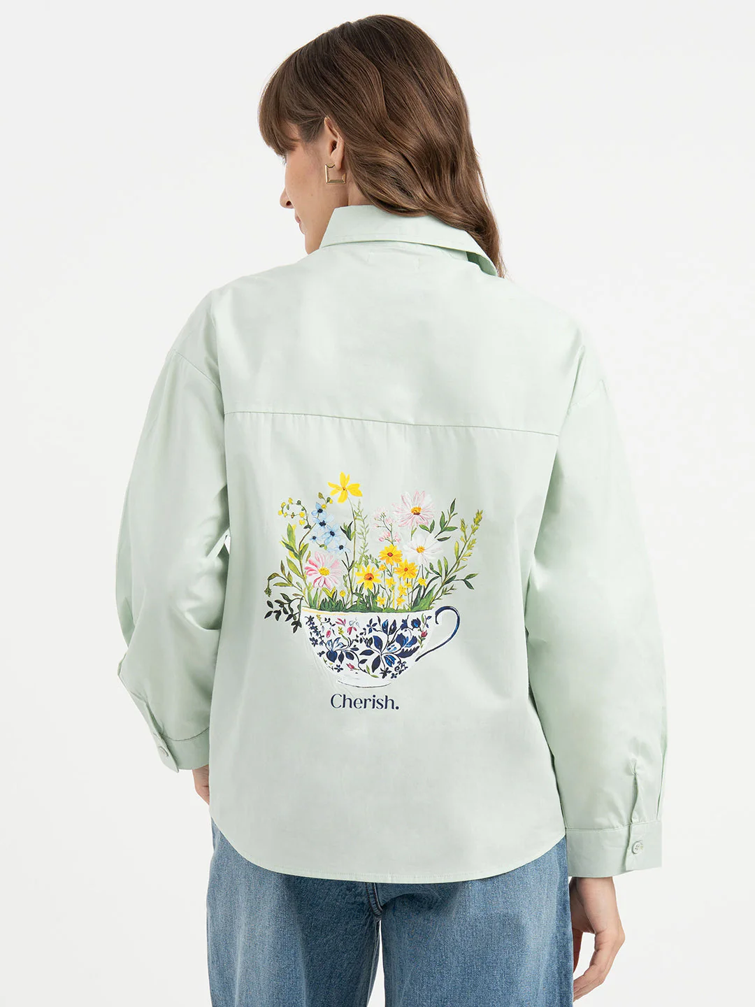 Shirts for Women in Pastel Green | Graphic Full Sleeve Shirt - Image 3