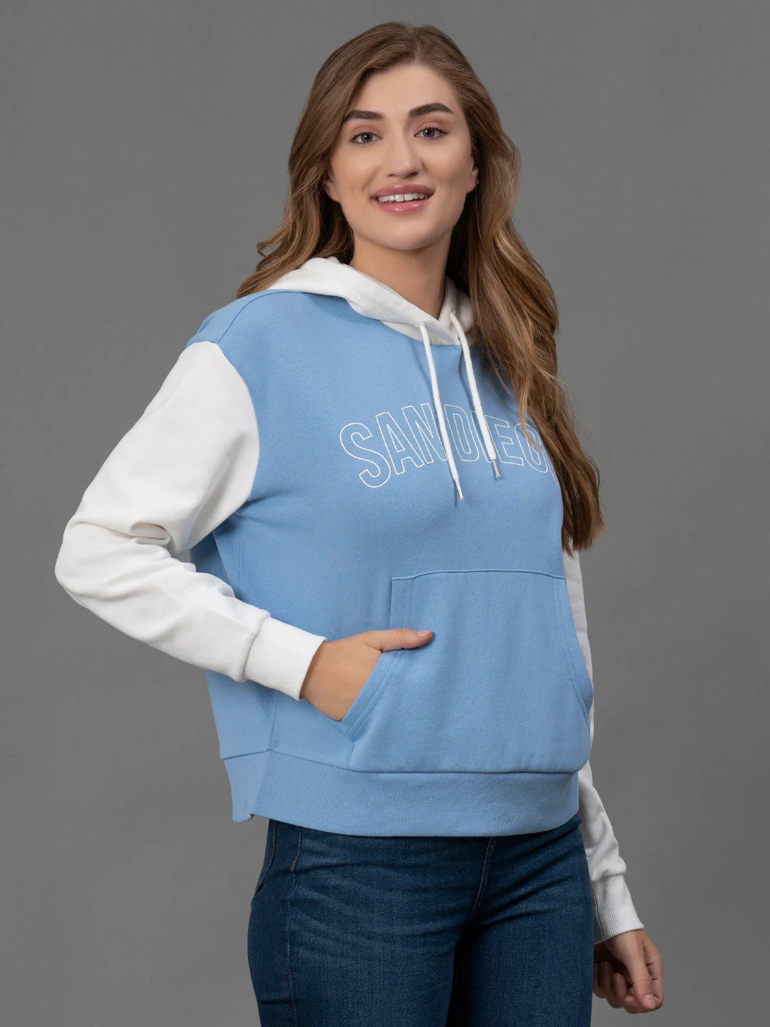 Slate Blue Printed Cotton Poly Fleece Women's Full Sleeve Hoodie - Image 2