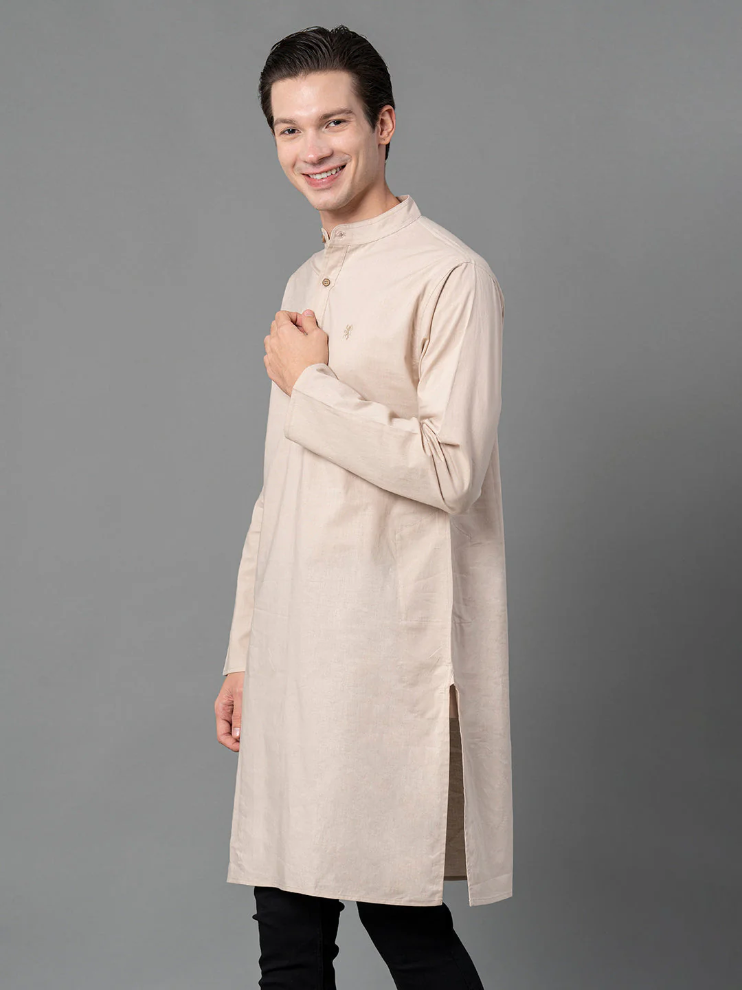 Solid Beige Mid-Length Kurta for Men - Image 2