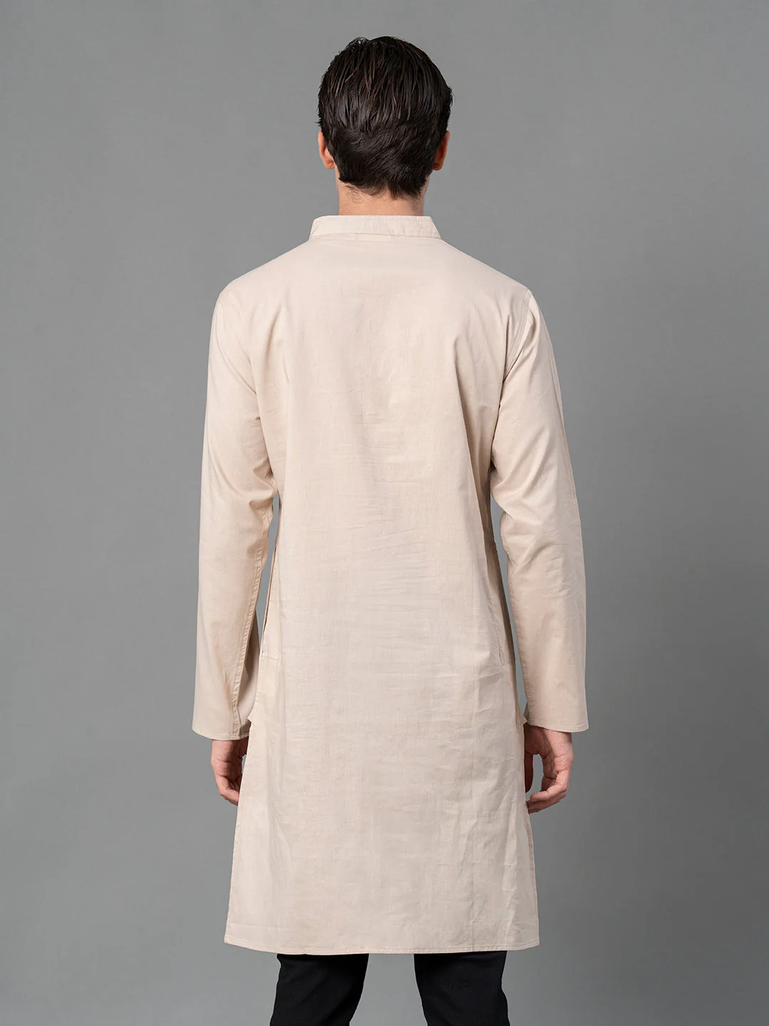 Solid Beige Mid-Length Kurta for Men - Image 3