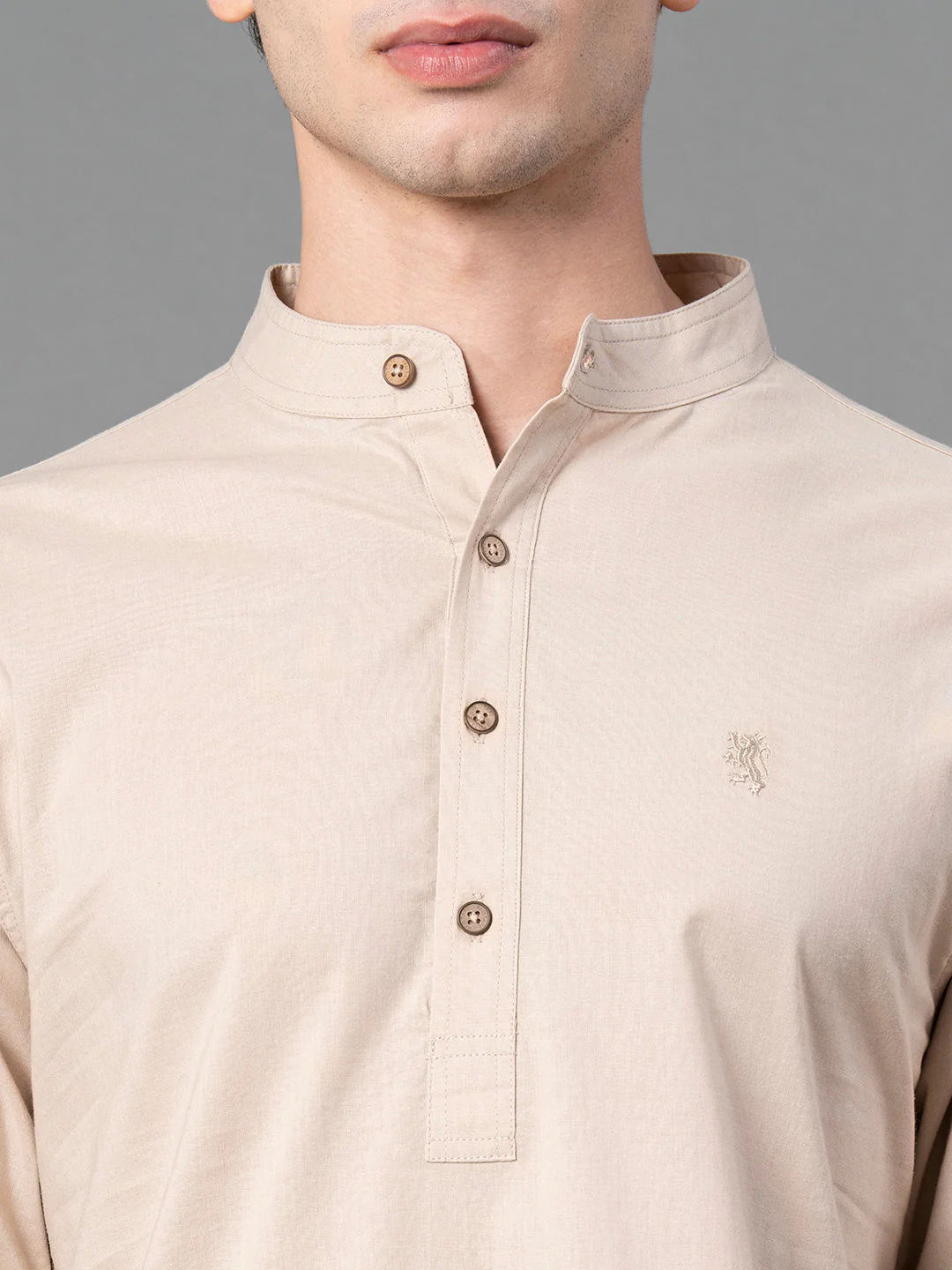 Solid Beige Mid-Length Kurta for Men - Image 4