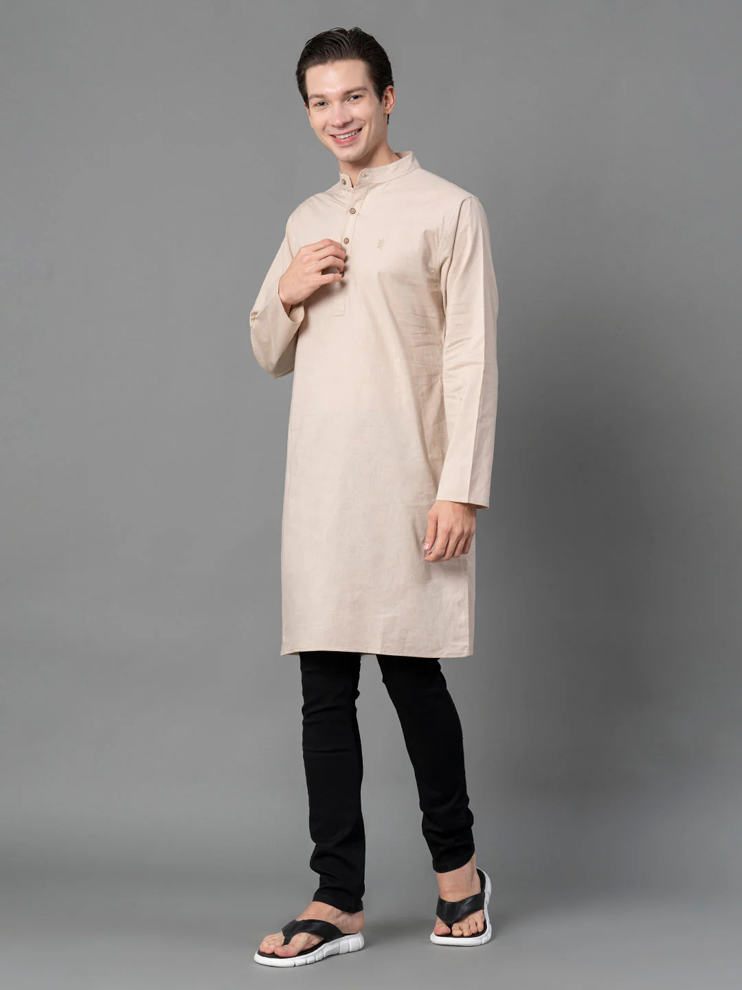 Solid Beige Mid-Length Kurta for Men - Image 5