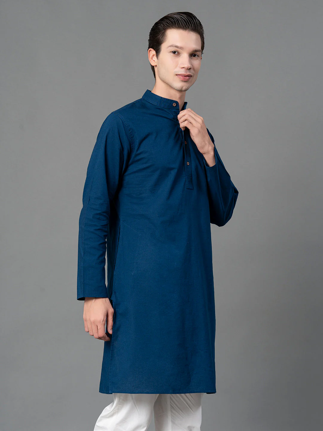 Solid Blue Mid-Length Kurta for Men - Image 2