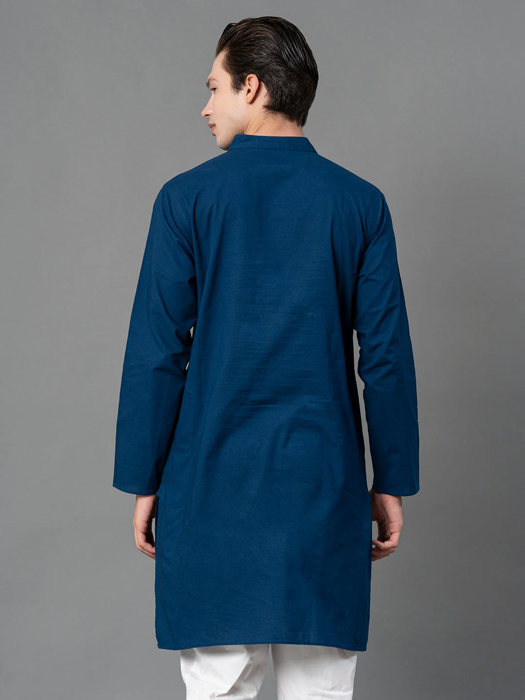 Solid Blue Mid-Length Kurta for Men - Image 3