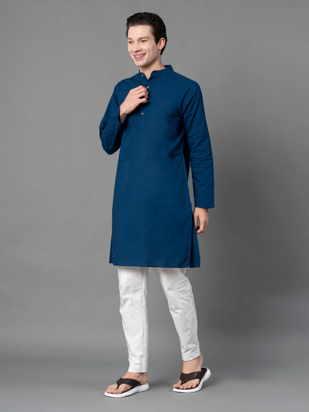 Solid Blue Mid-Length Kurta for Men - Image 5